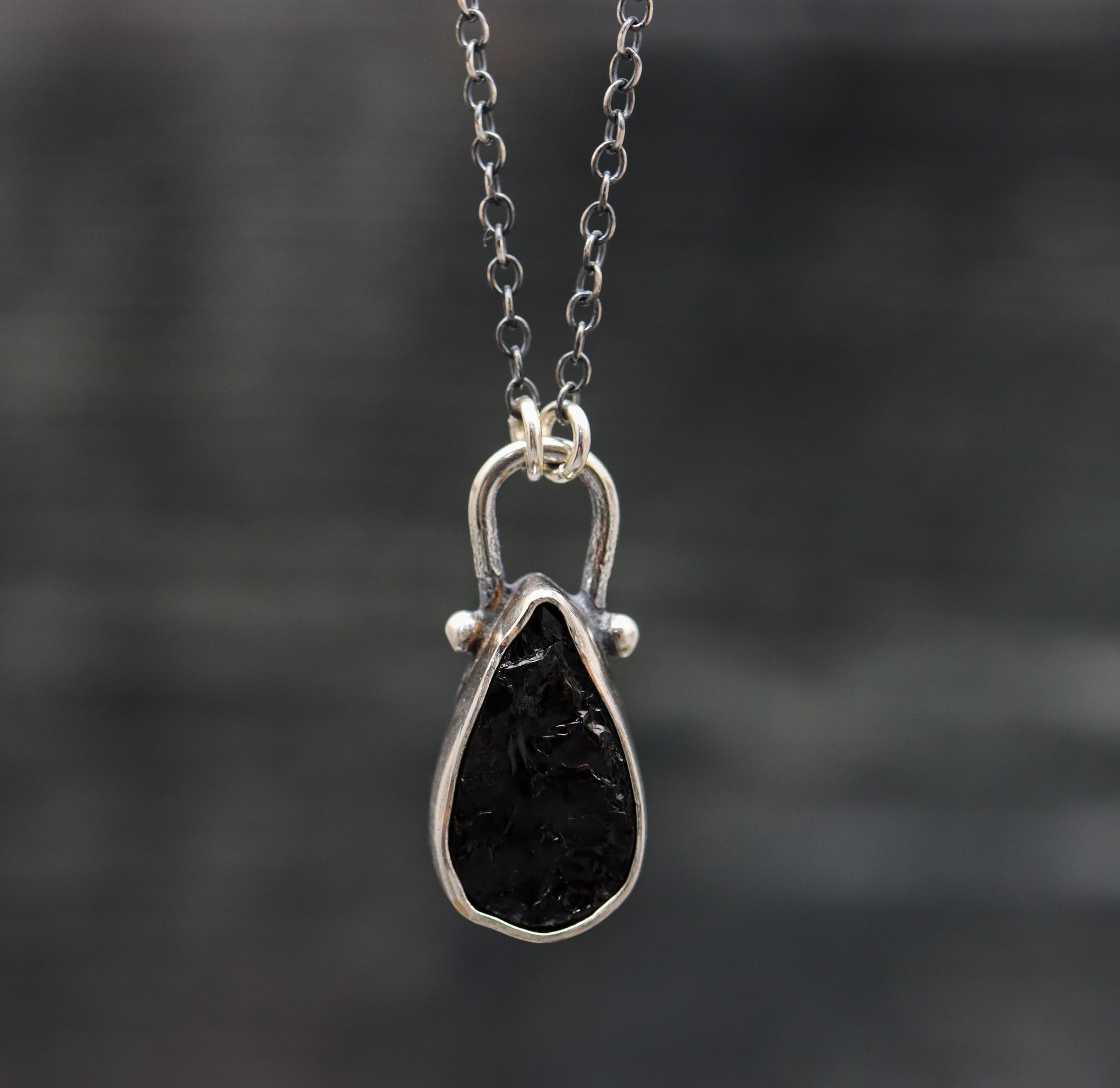 Natural Surface Black Tourmaline Pendant Necklace Sterling Silver