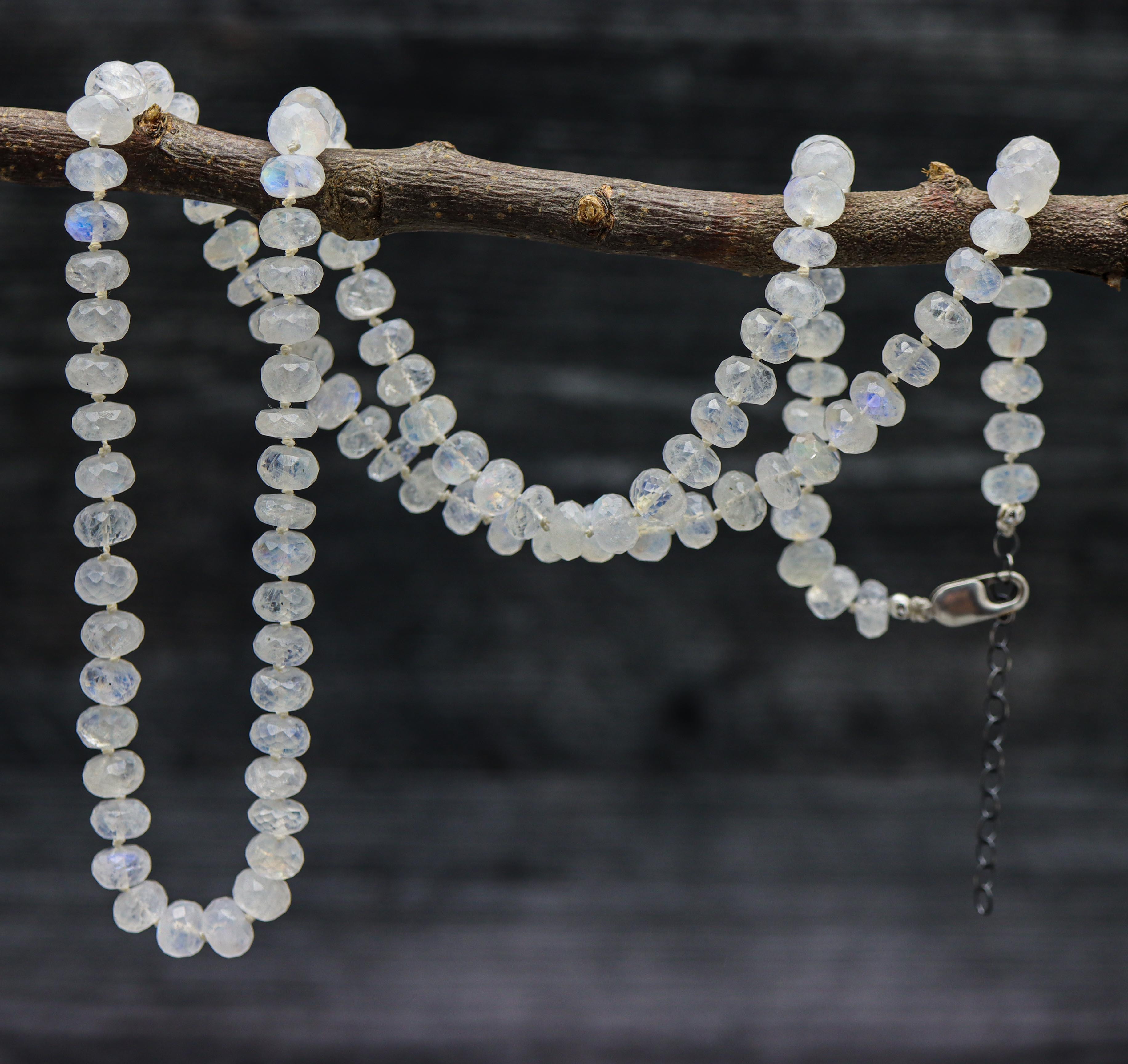 Rainbow Moonstone Hand Knotted Bead Necklace Sterling Silver
