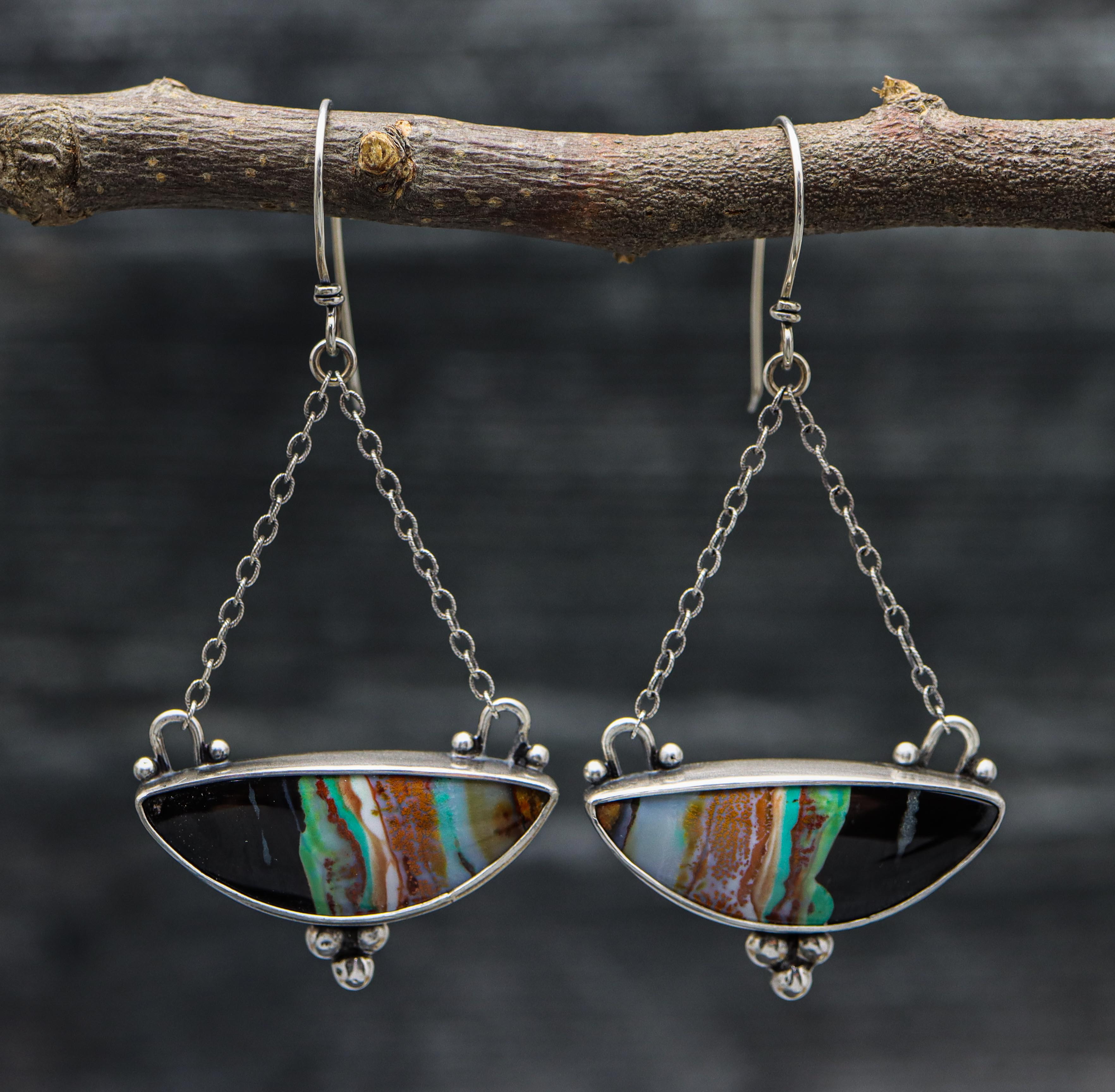 Opalized Petrified Wood or Opal Wood Dangle Earrings Sterling Silver