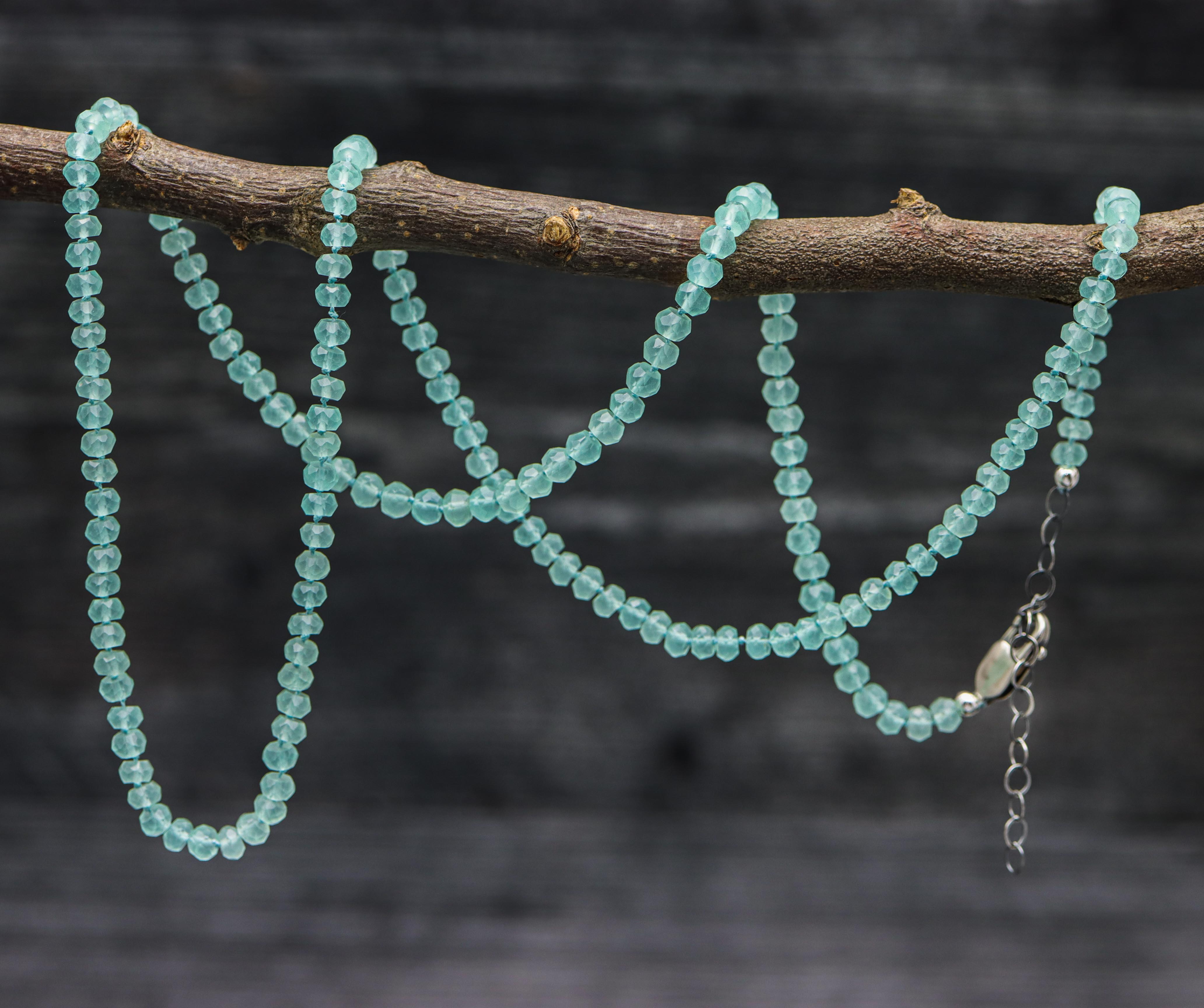 Aqua Chalcedony Hand Knotted Bead Necklace Sterling Silver