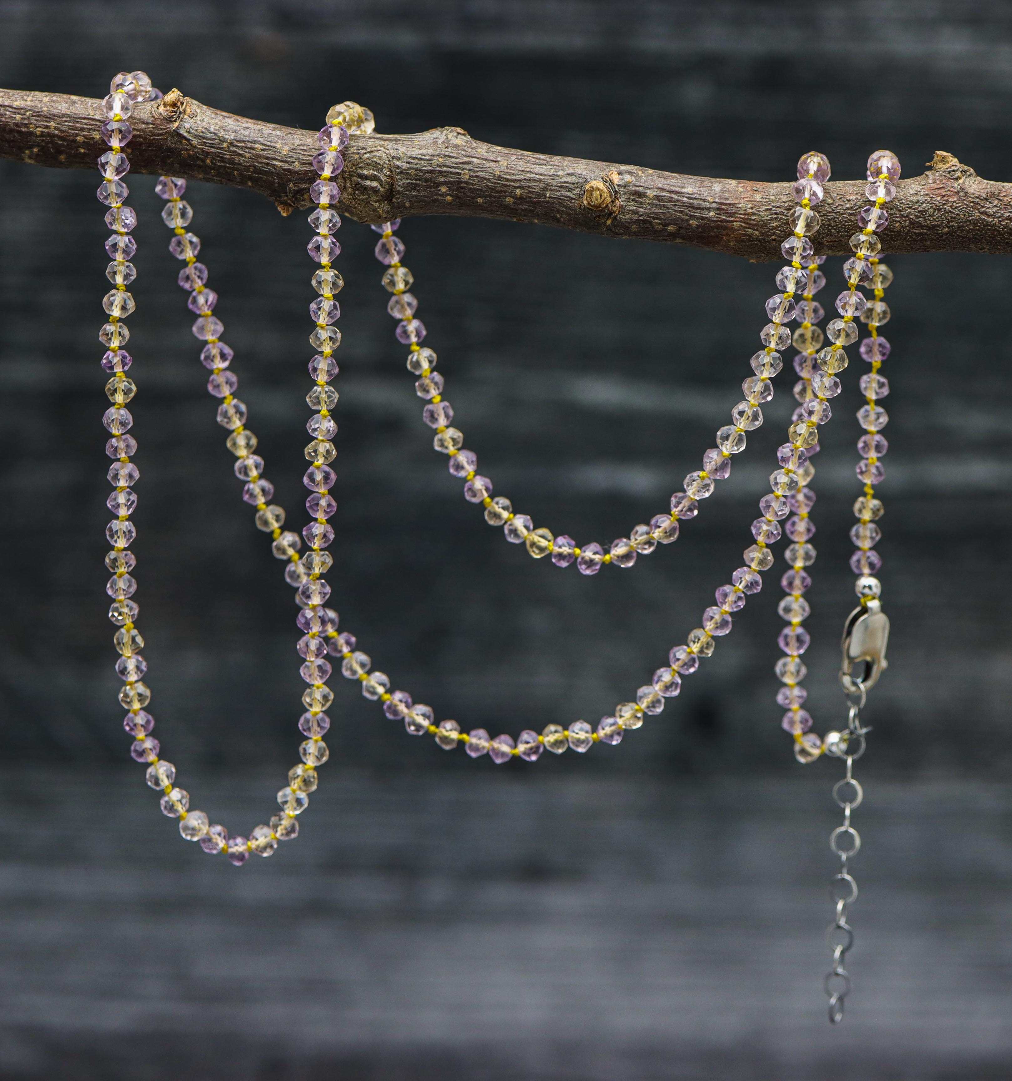 Ametrine Hand Knotted Bead Necklace Sterling Silver