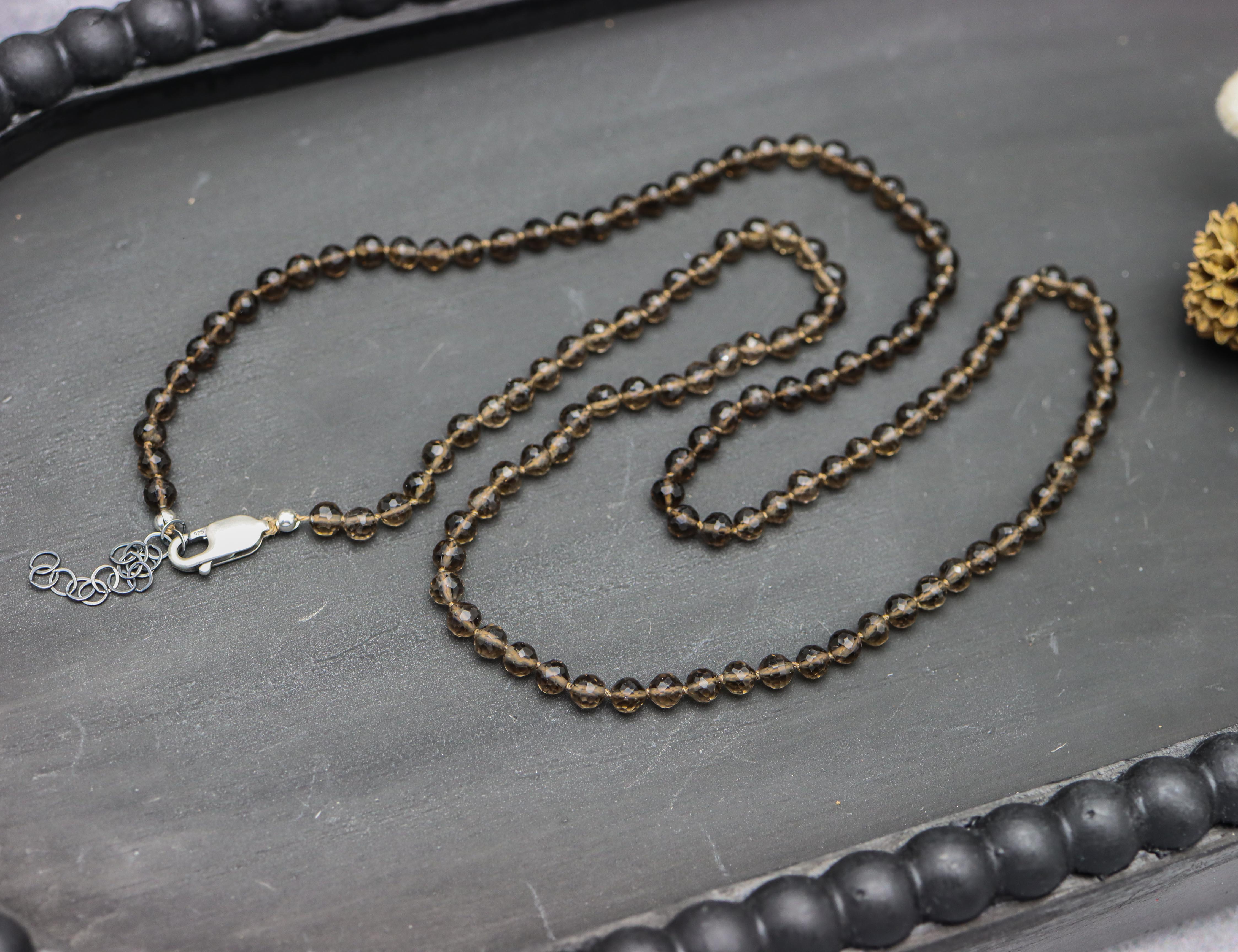 Smoky Quartz Hand Knotted Bead Necklace Sterling Silver