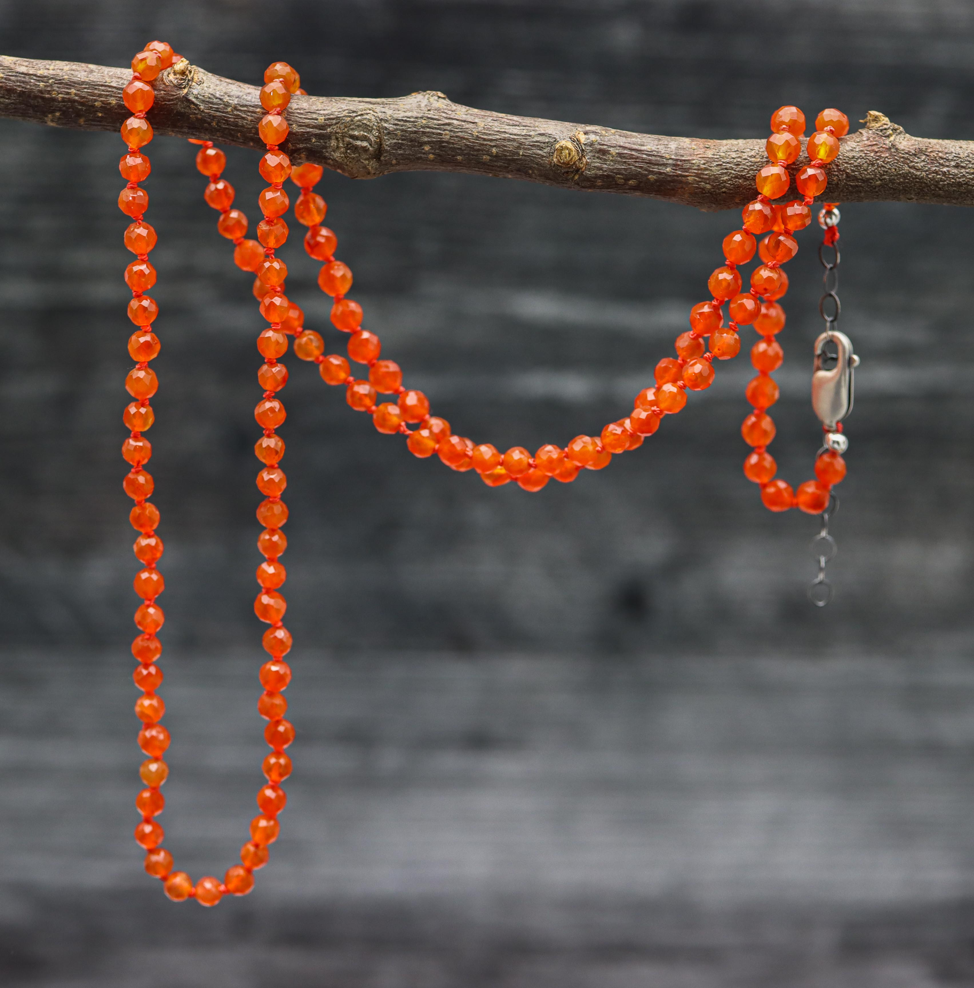 Juicy Orange Carnelian Hand Knotted Bead Necklace Sterling Silver
