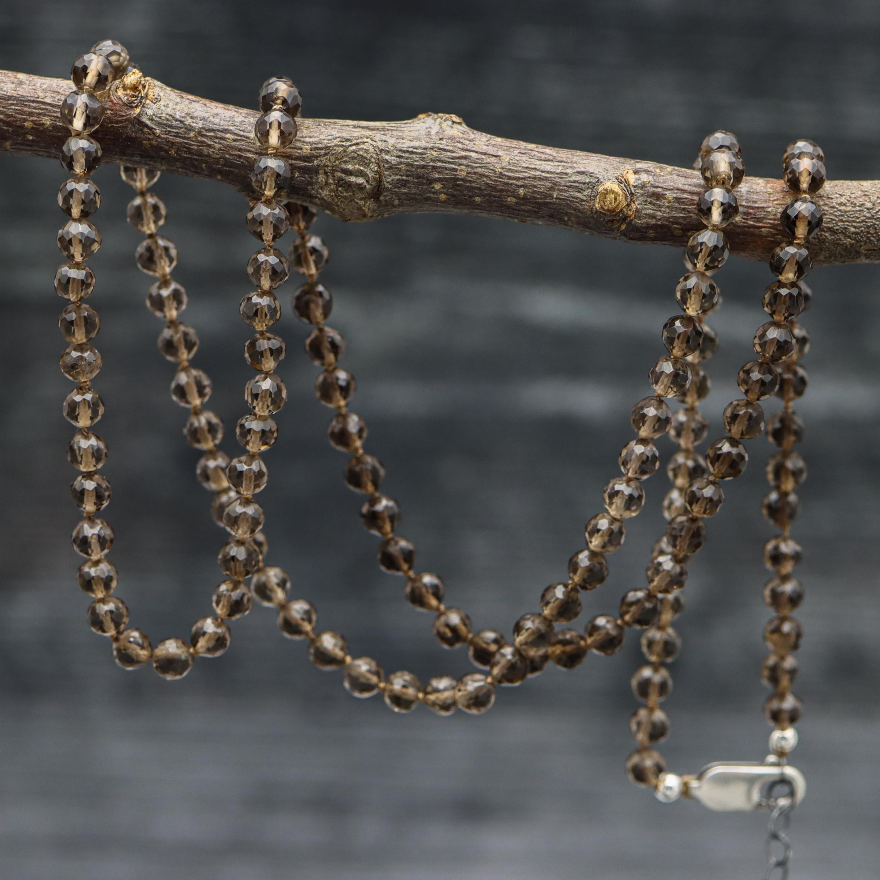 Smoky Quartz Hand Knotted Bead Necklace Sterling Silver