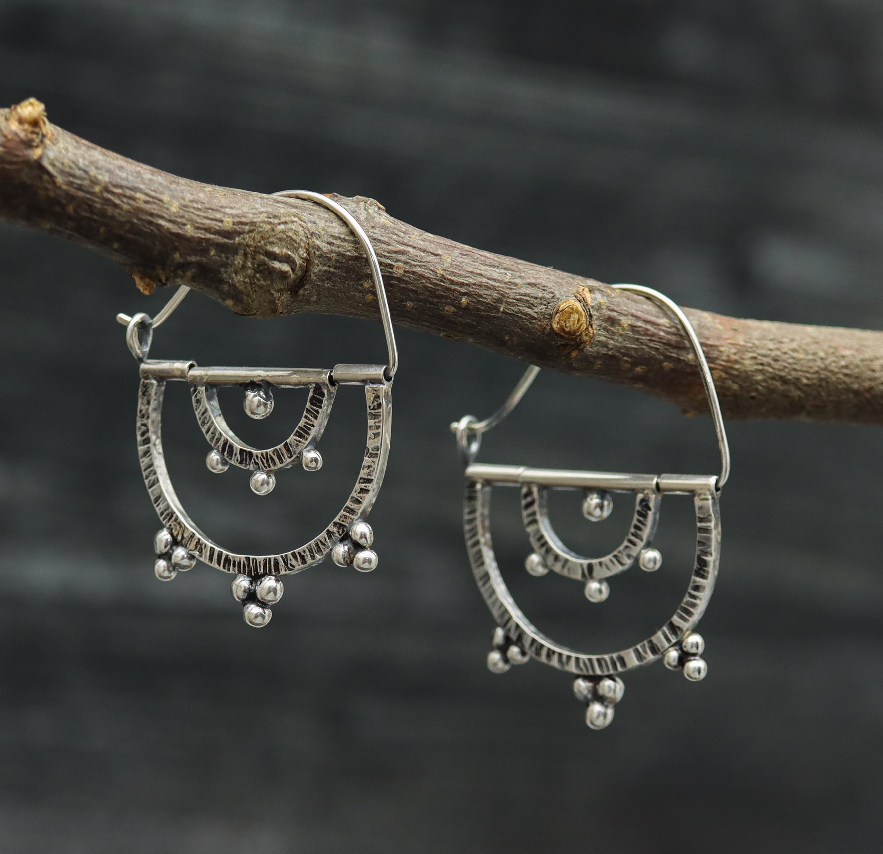 Granulated Kinetic Double Semi-Circle Earrings in Sterling Silver
