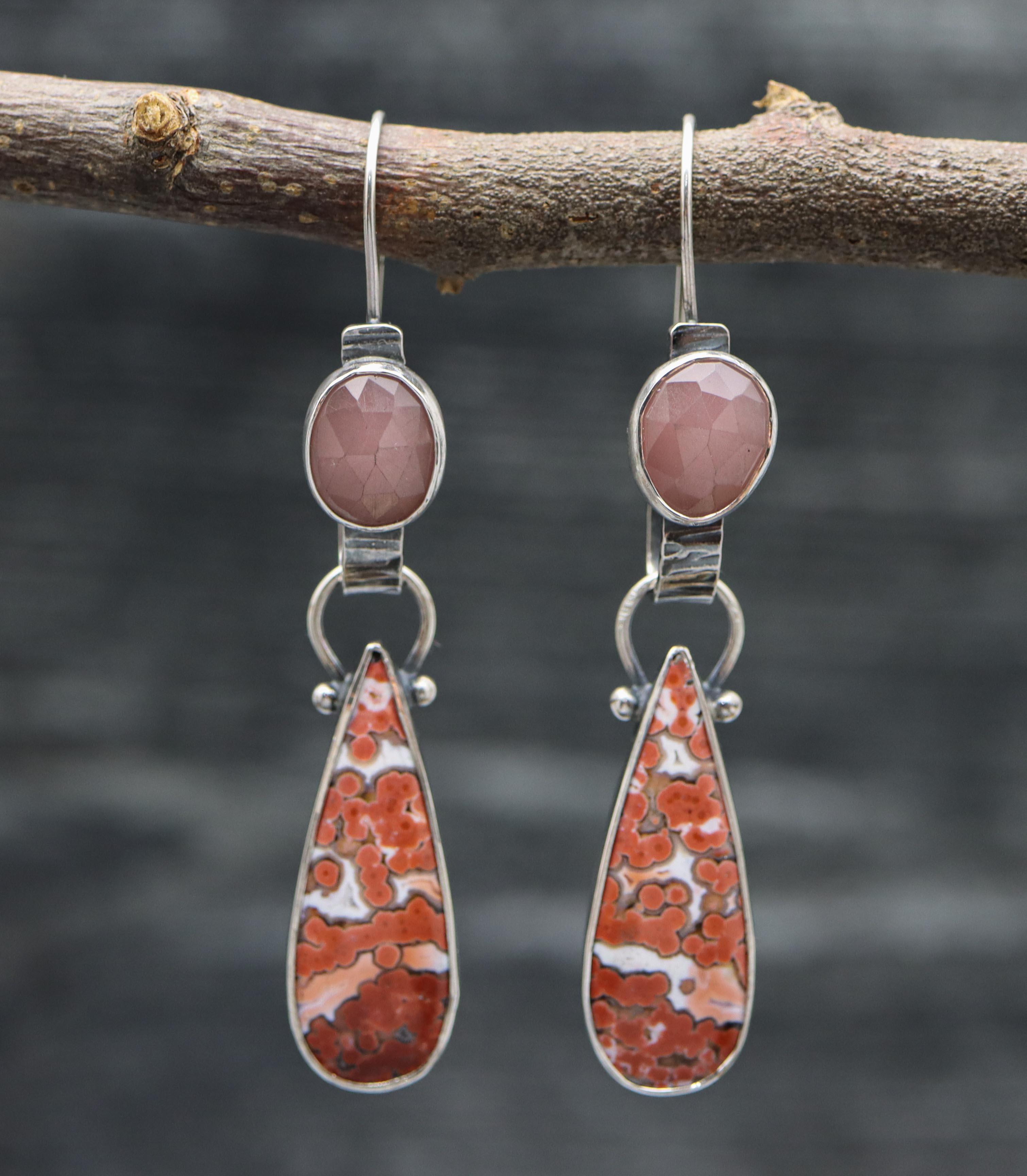 Orbicular Jasper and Guava Quartz Convertible Dangle Earrings Sterling Silver