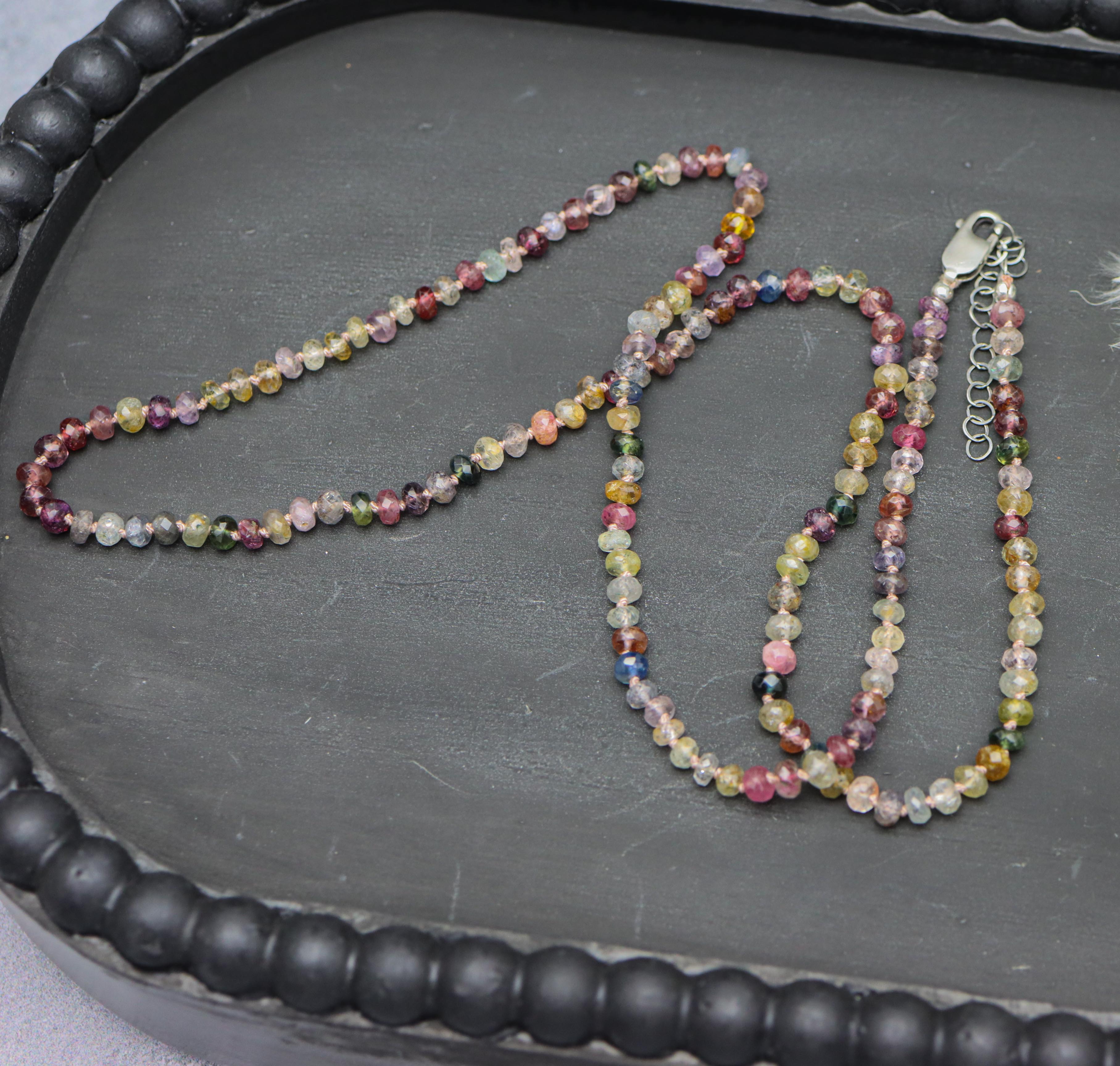 Multi Colored Sapphire Hand Knotted Bead Necklace Sterling Silver