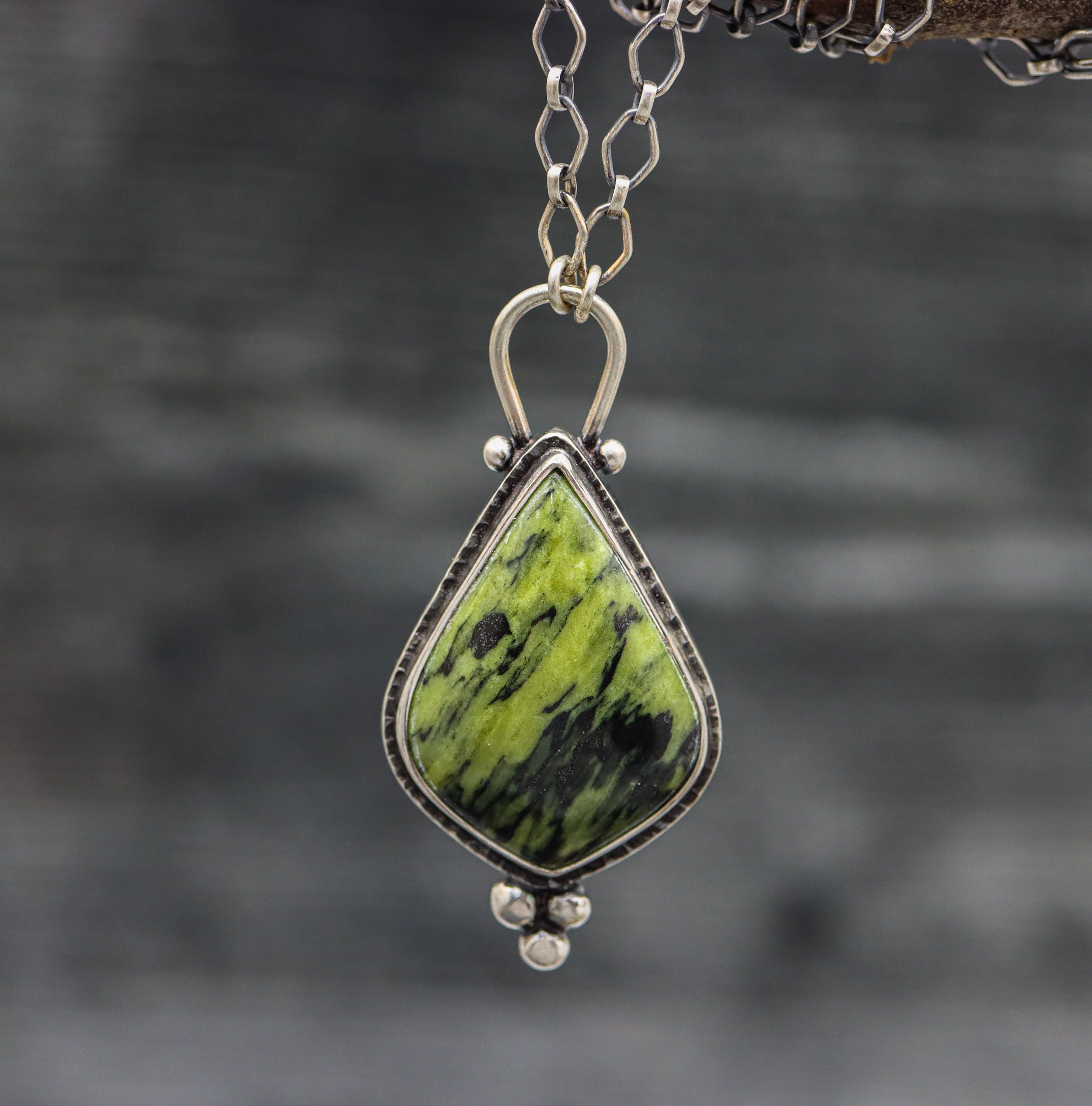 Green Serpentine Pendant Sterling Silver One Of a Kind Gemstone Necklace