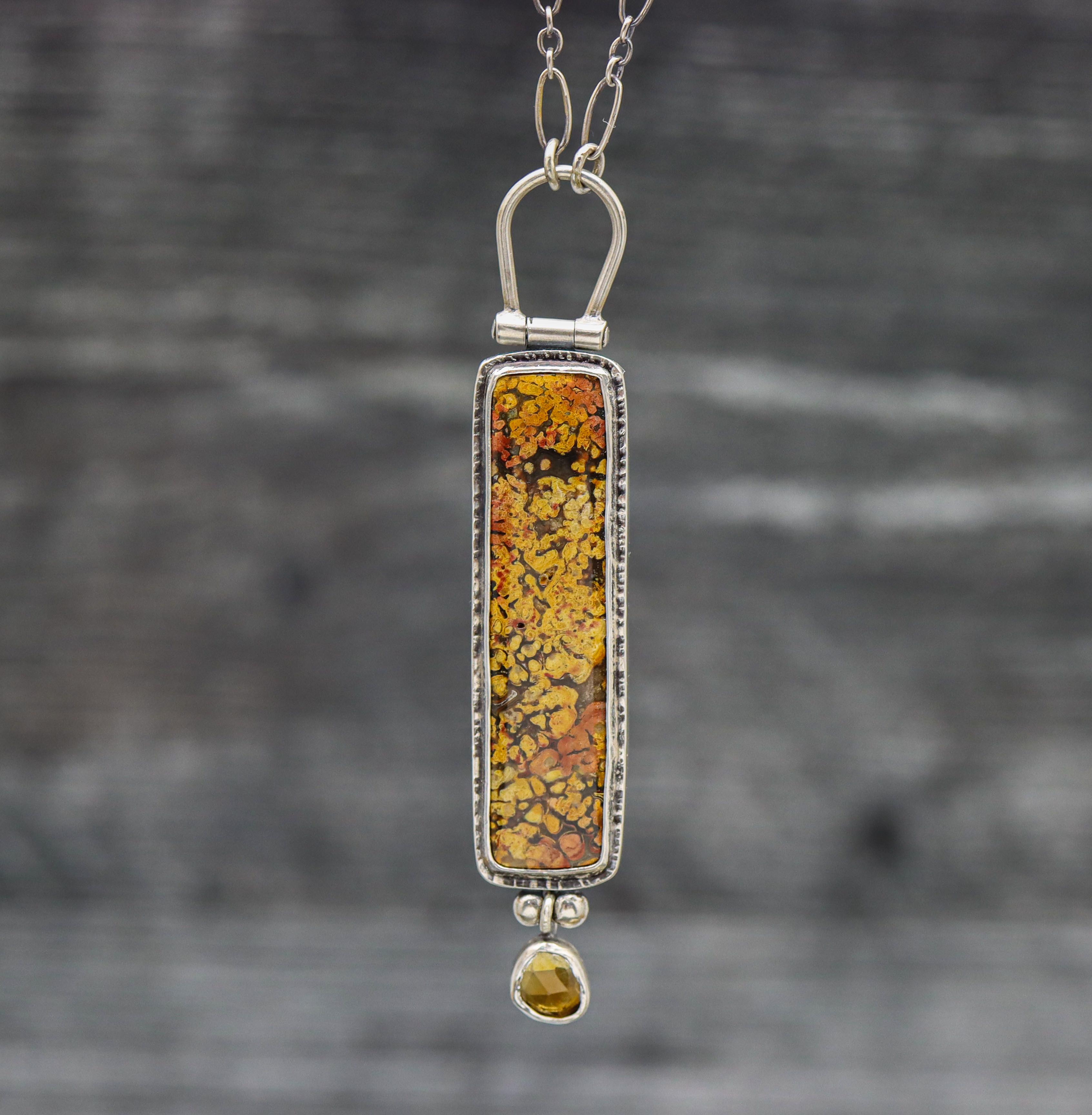 Plume Agate and Mandarine Citrine Pendant Sterling Silver One Of a Kind Gemstone Necklace