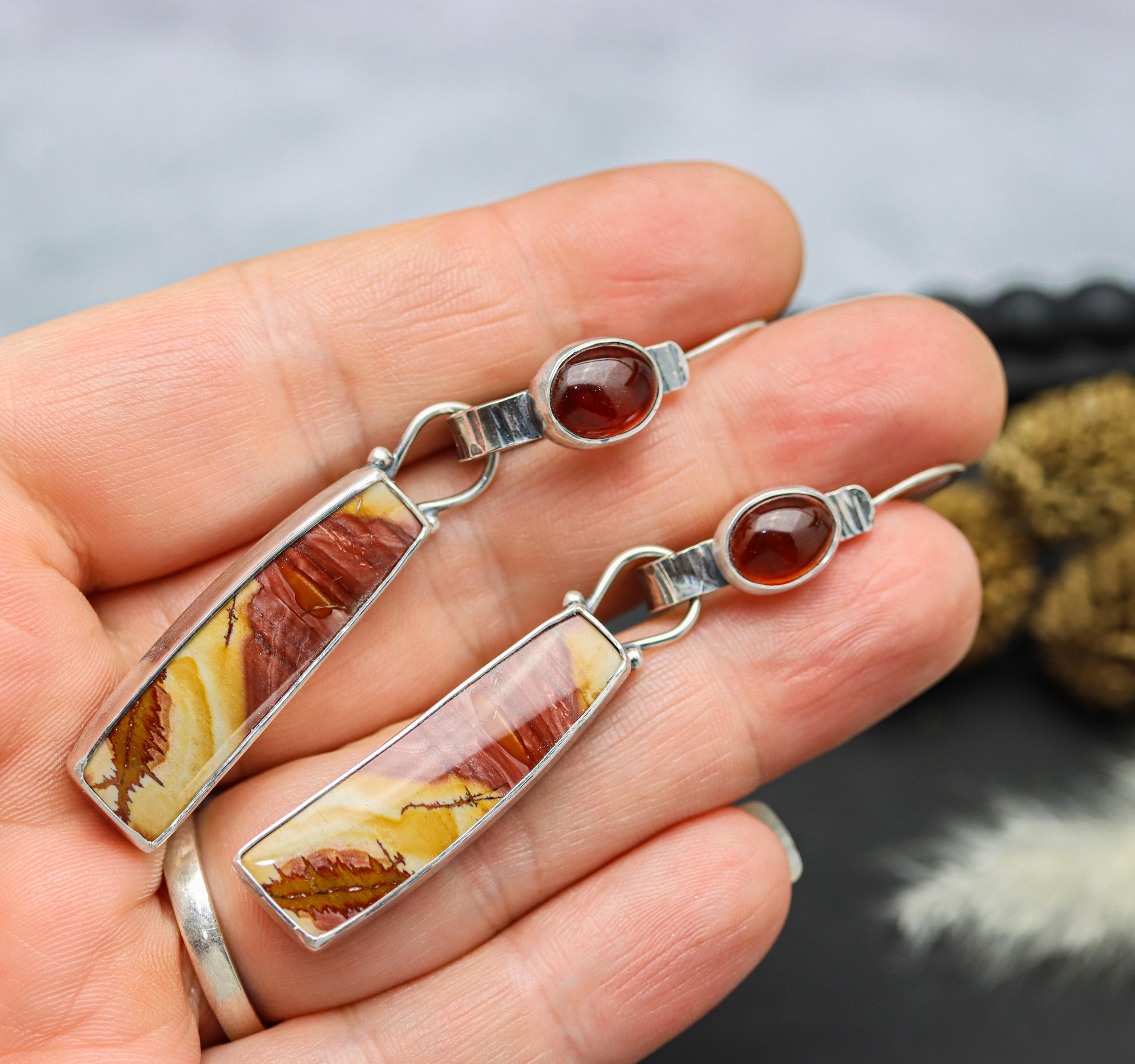 Red Falcon Jasper and Hessonite Garnet Convertible Dangle Earrings Sterling Silver