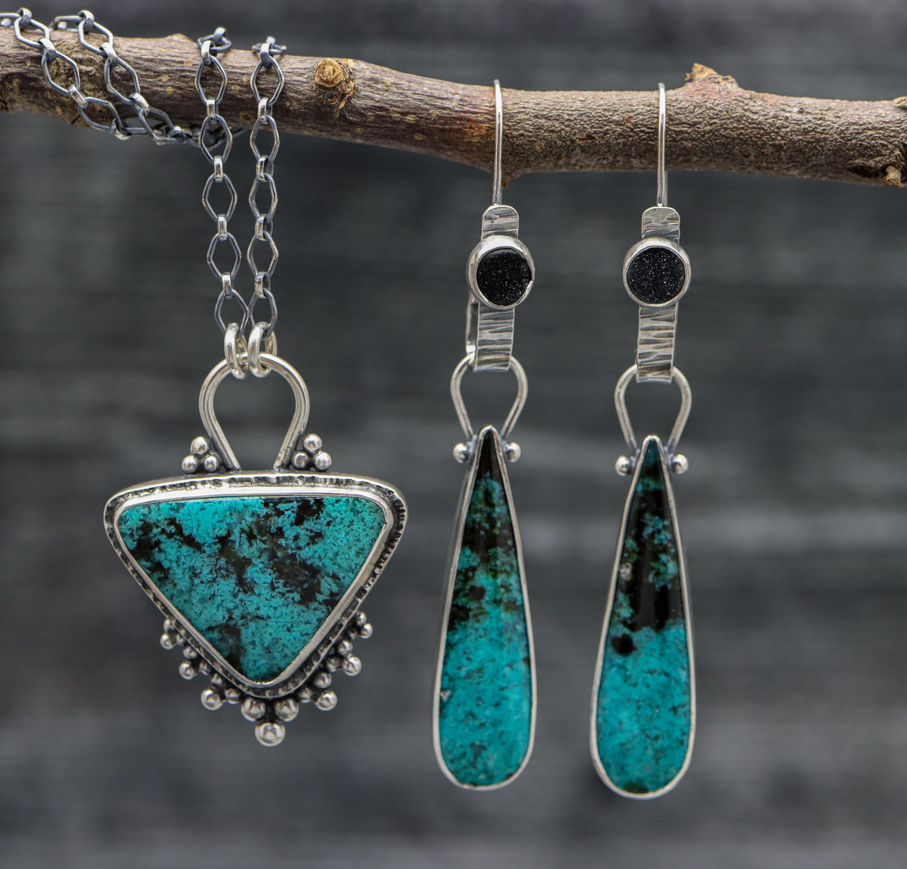 Chrysocolla with Black Druzy Convertible Dangle Earrings Sterling Silver