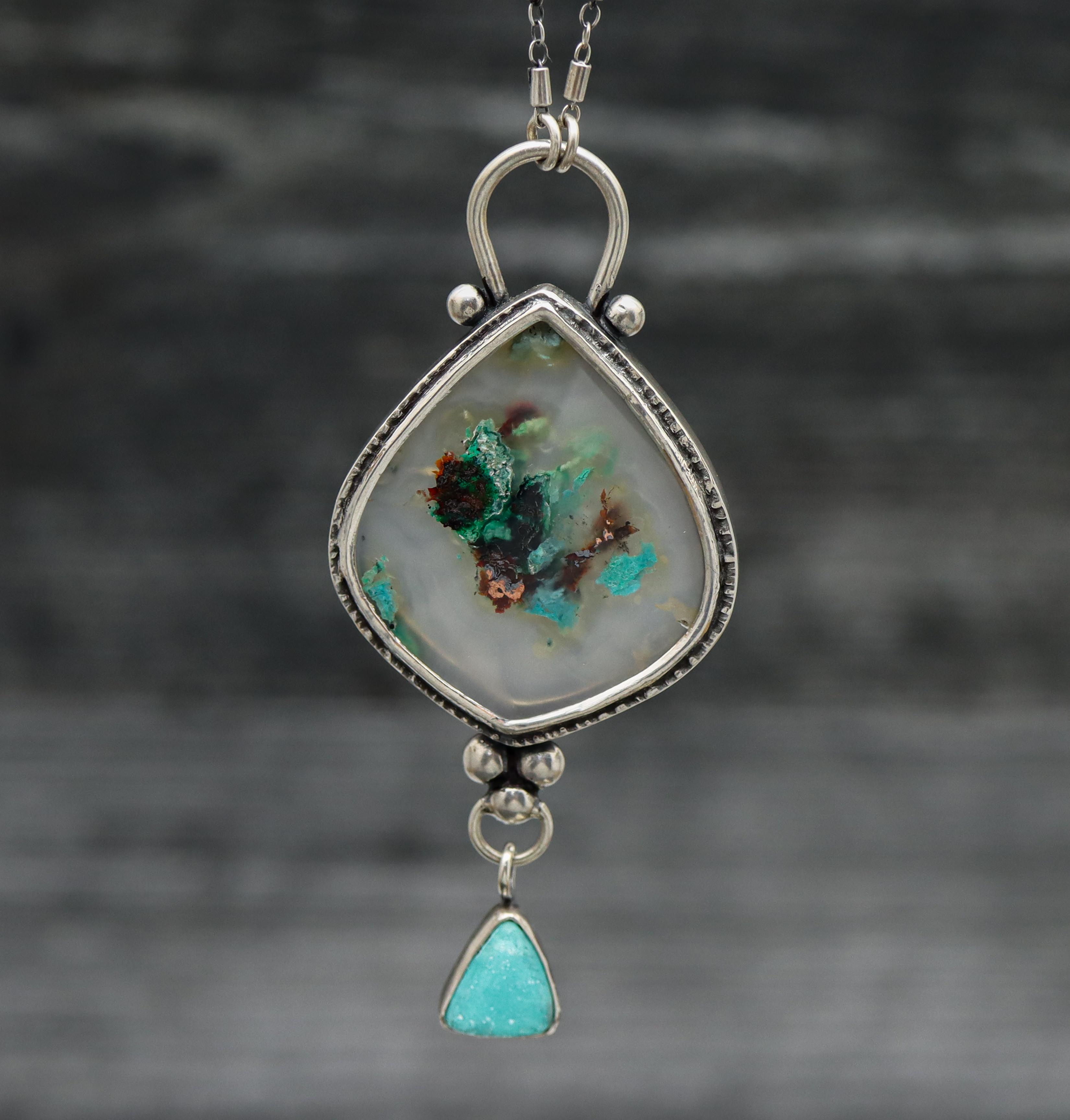 Confetti Chrysocolla and Chrysocolla Druzy Pendant Sterling Silver One Of a Kind Gemstone Necklace