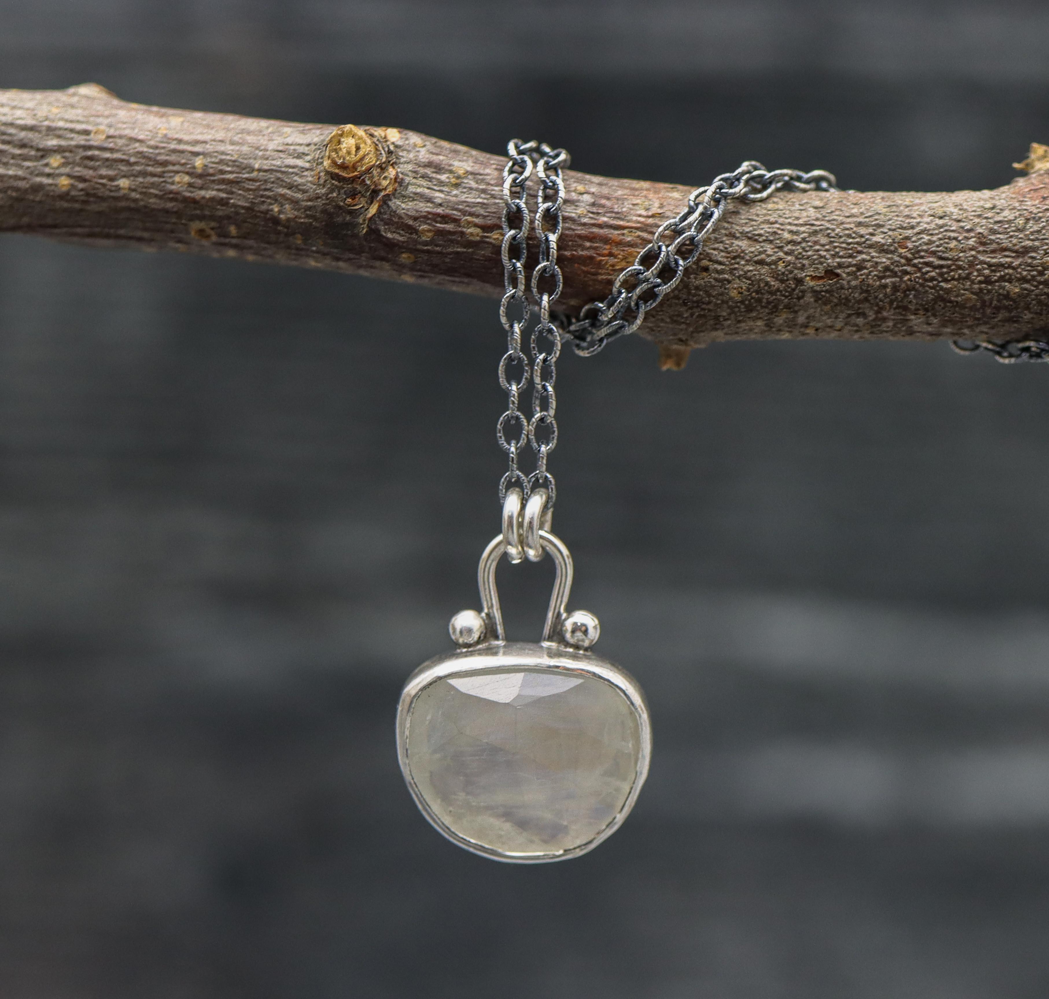 Rainbow Moonstone Pendant Necklace Sterling Silver