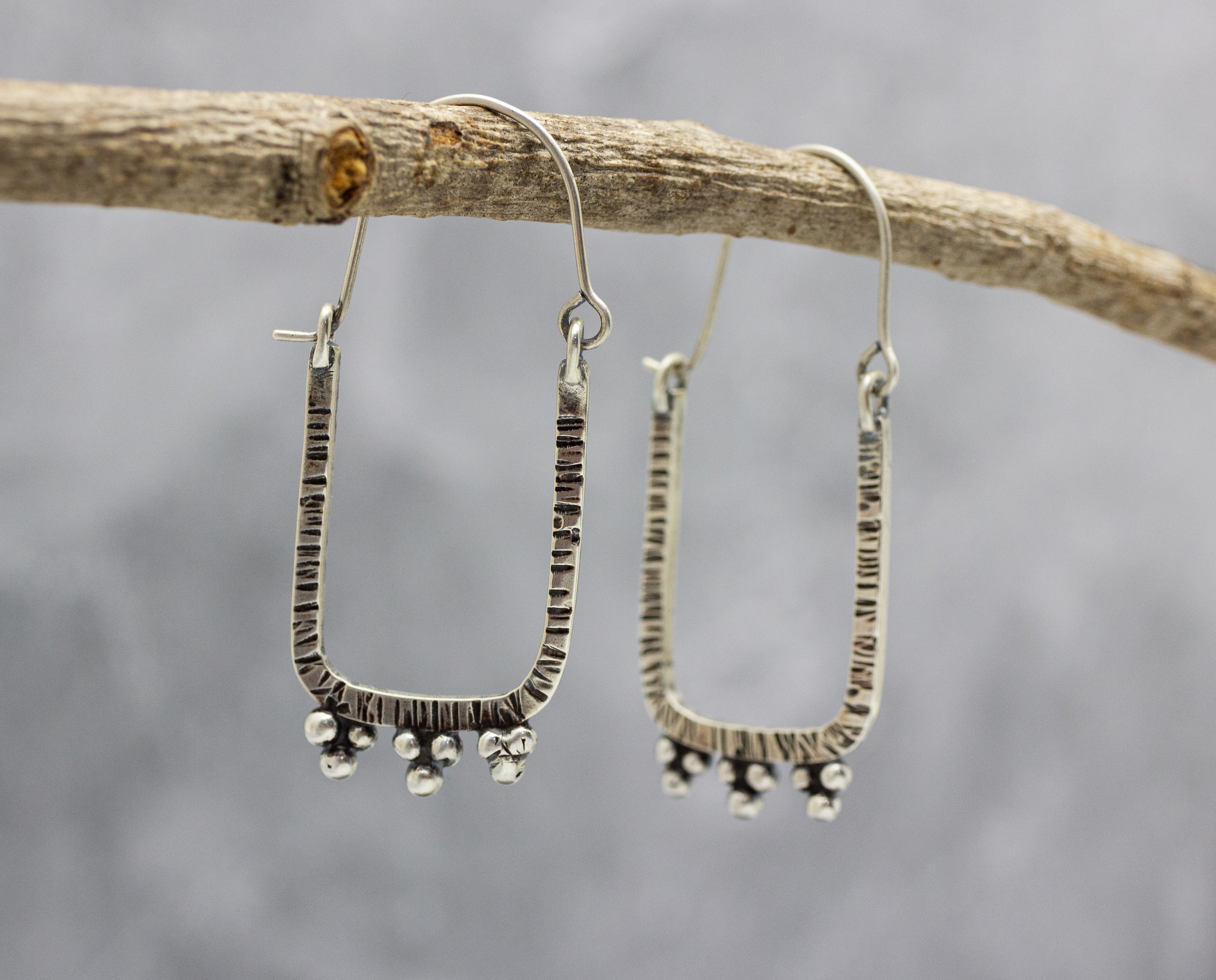 Rectangle Granulated Hoop Earrings in Sterling Silver Made To Order