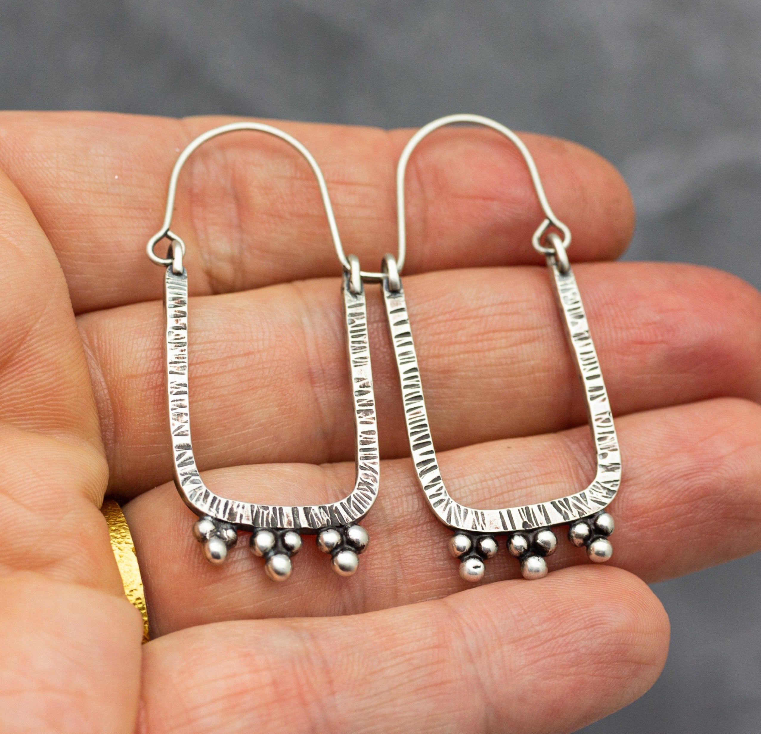 Rectangle Granulated Hoop Earrings in Sterling Silver Made To Order