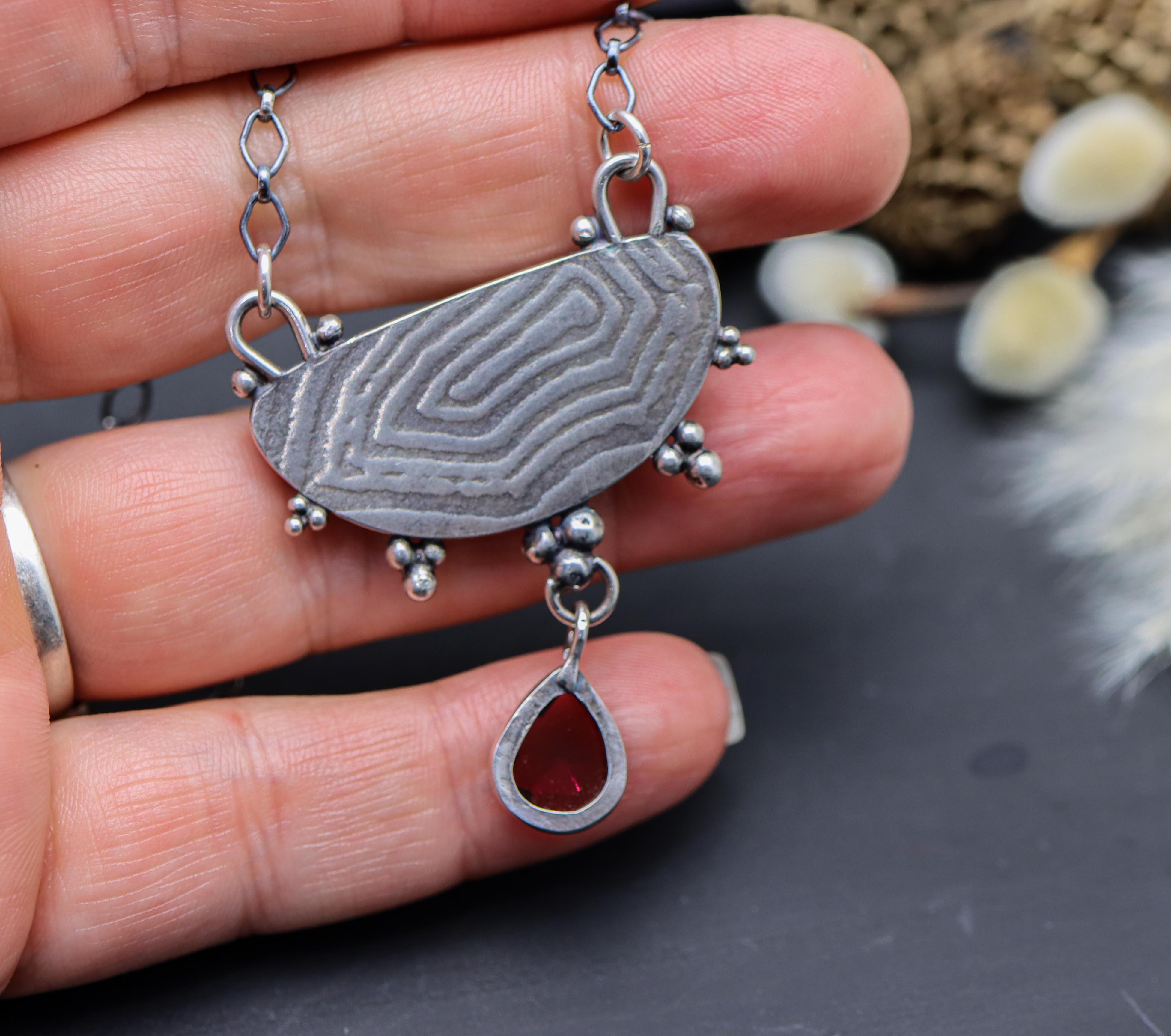 Crazy Lace Agate and Garnet Pendant Sterling Silver One Of a Kind Gemstone Necklace