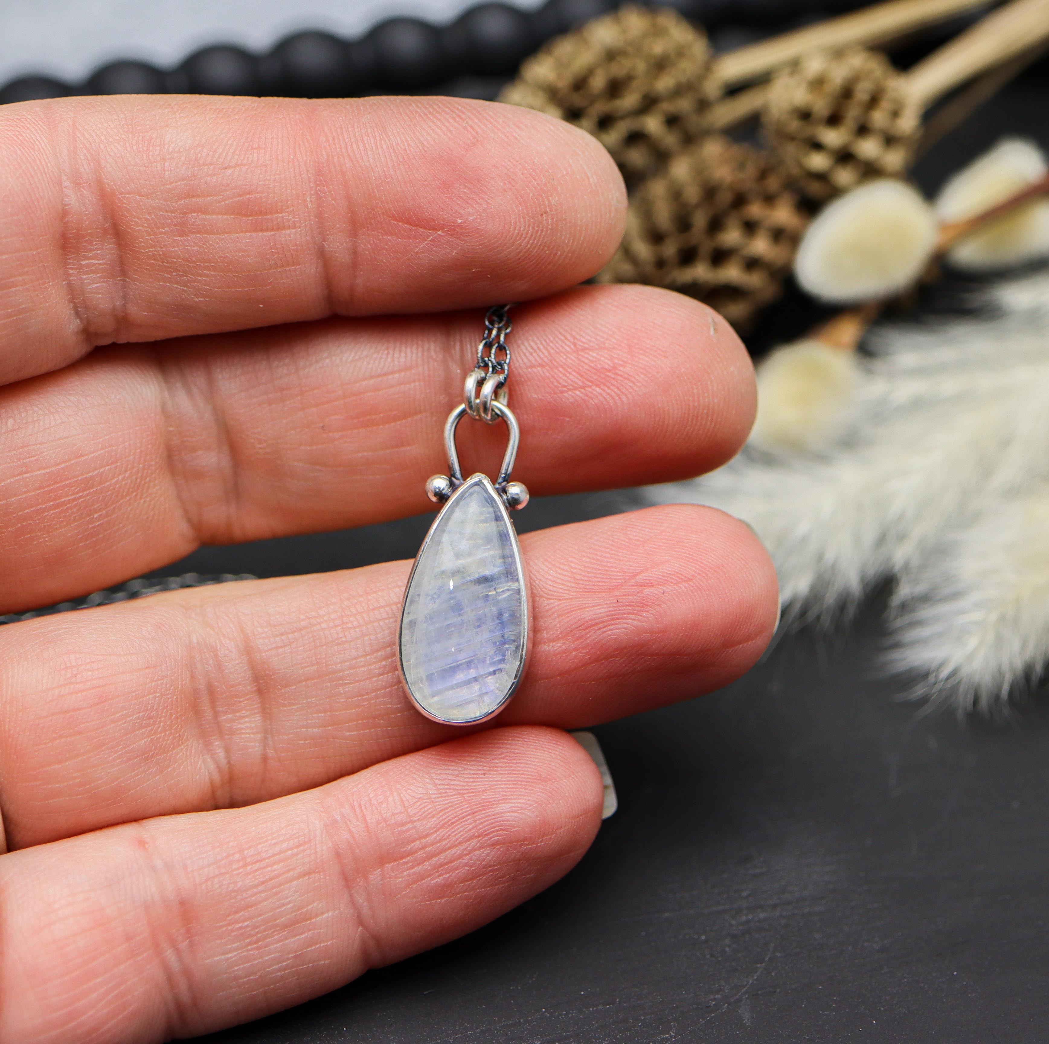Rainbow Moonstone Pendant Necklace Sterling Silver