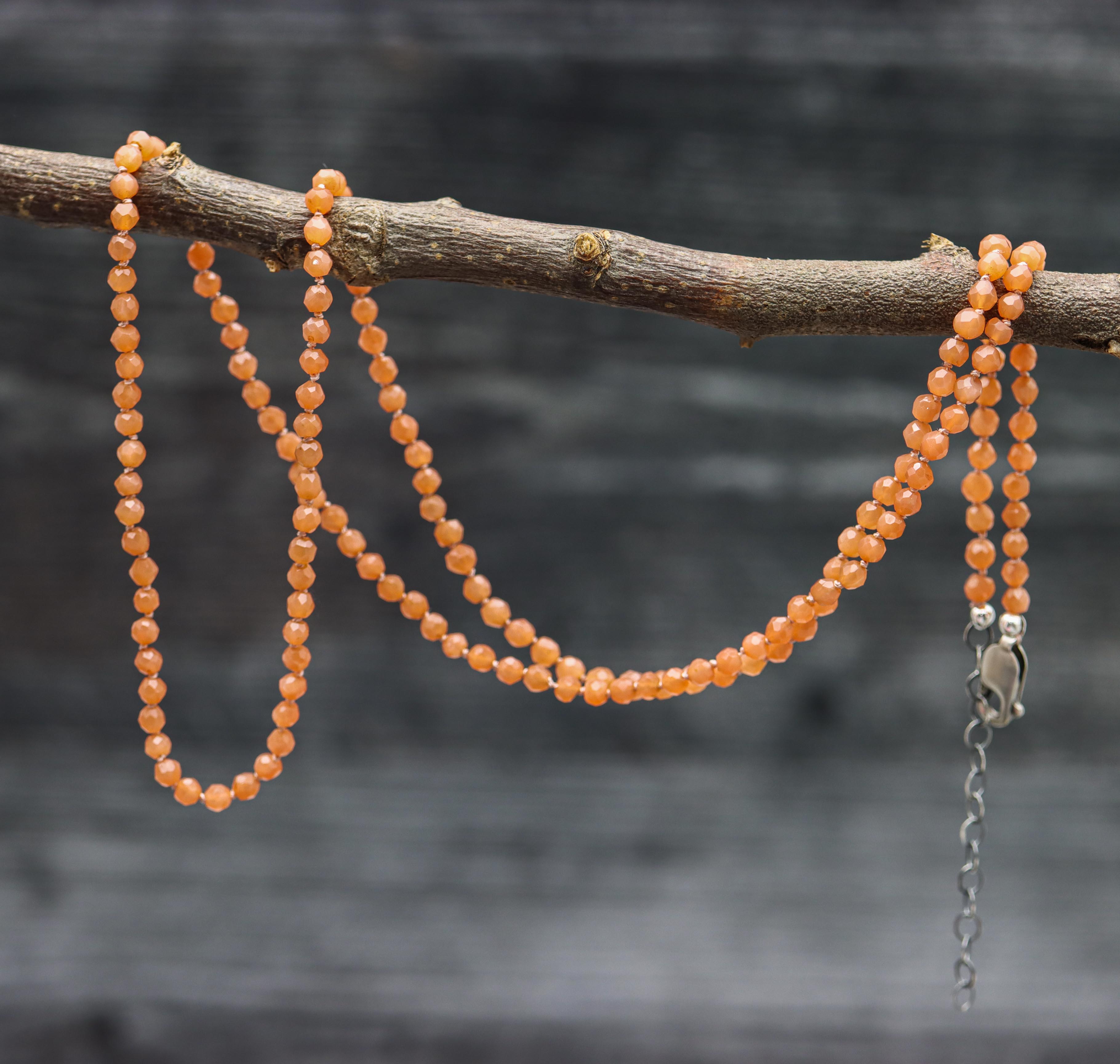 Peach Moonstone Hand Knotted Bead Necklace Sterling Silver