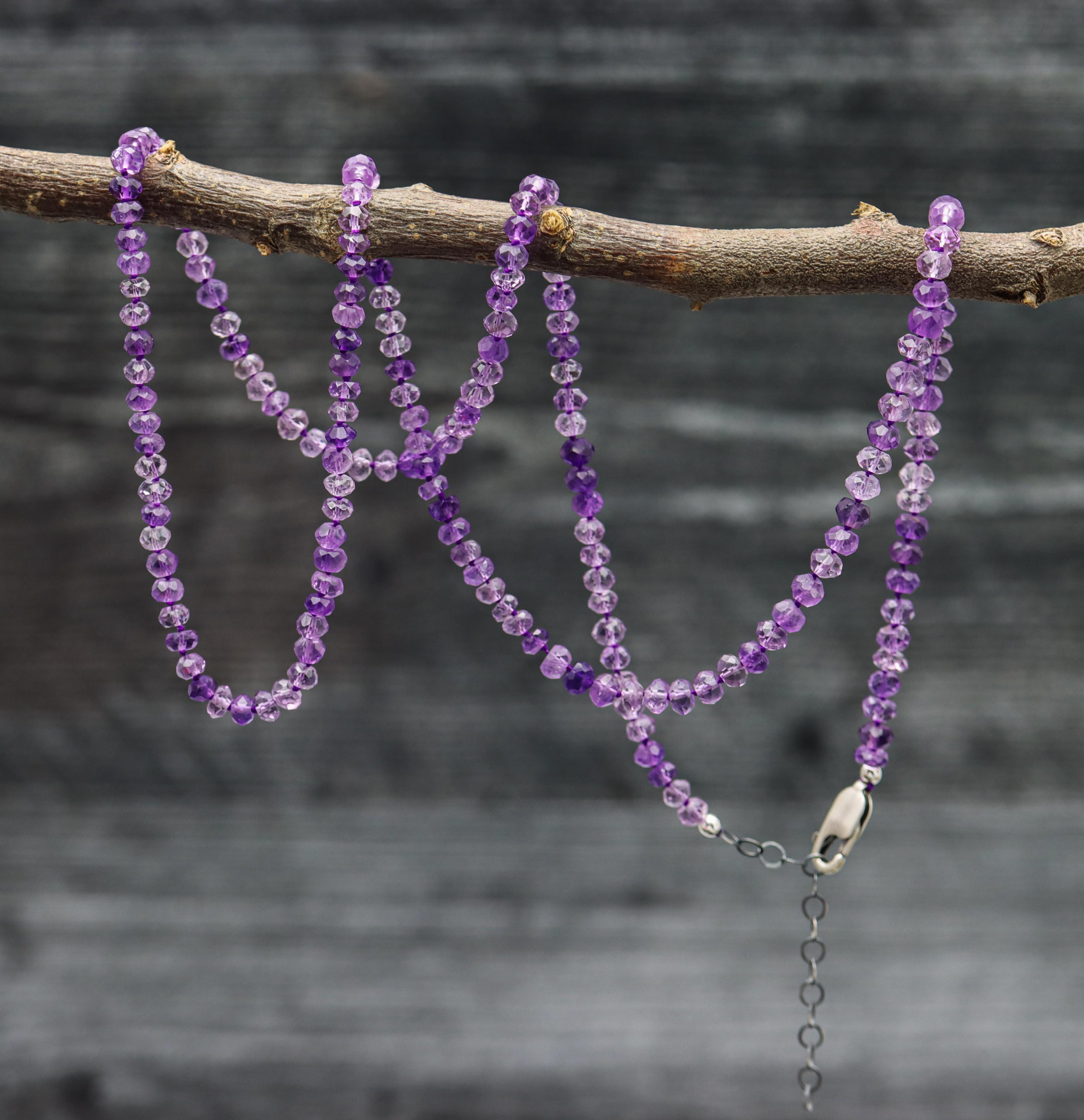 Ombre Amethyst Hand Knotted Bead Necklace Sterling Silver