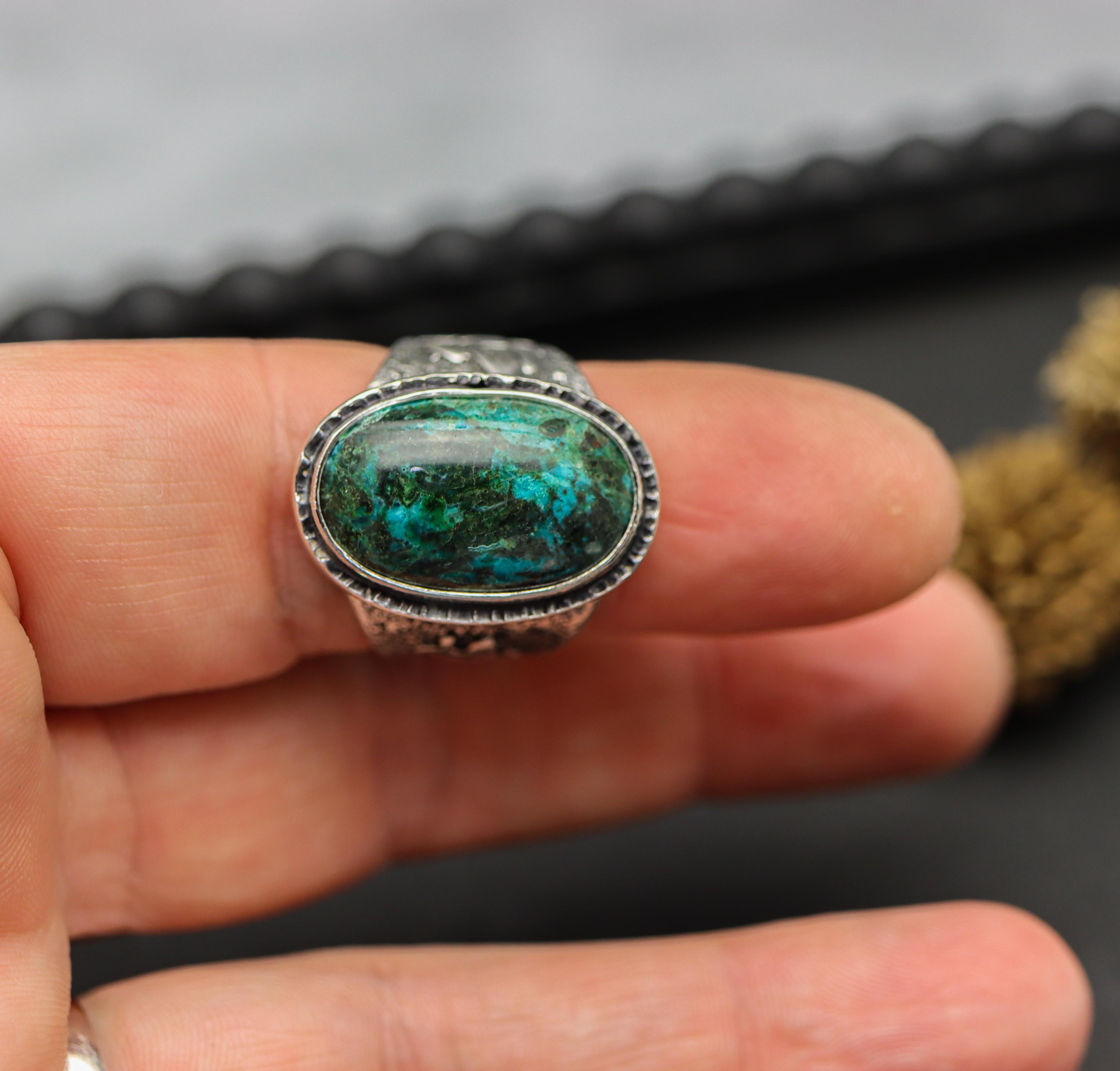 Chrysocolla in Quartz Sterling Silver Wide Band Ring