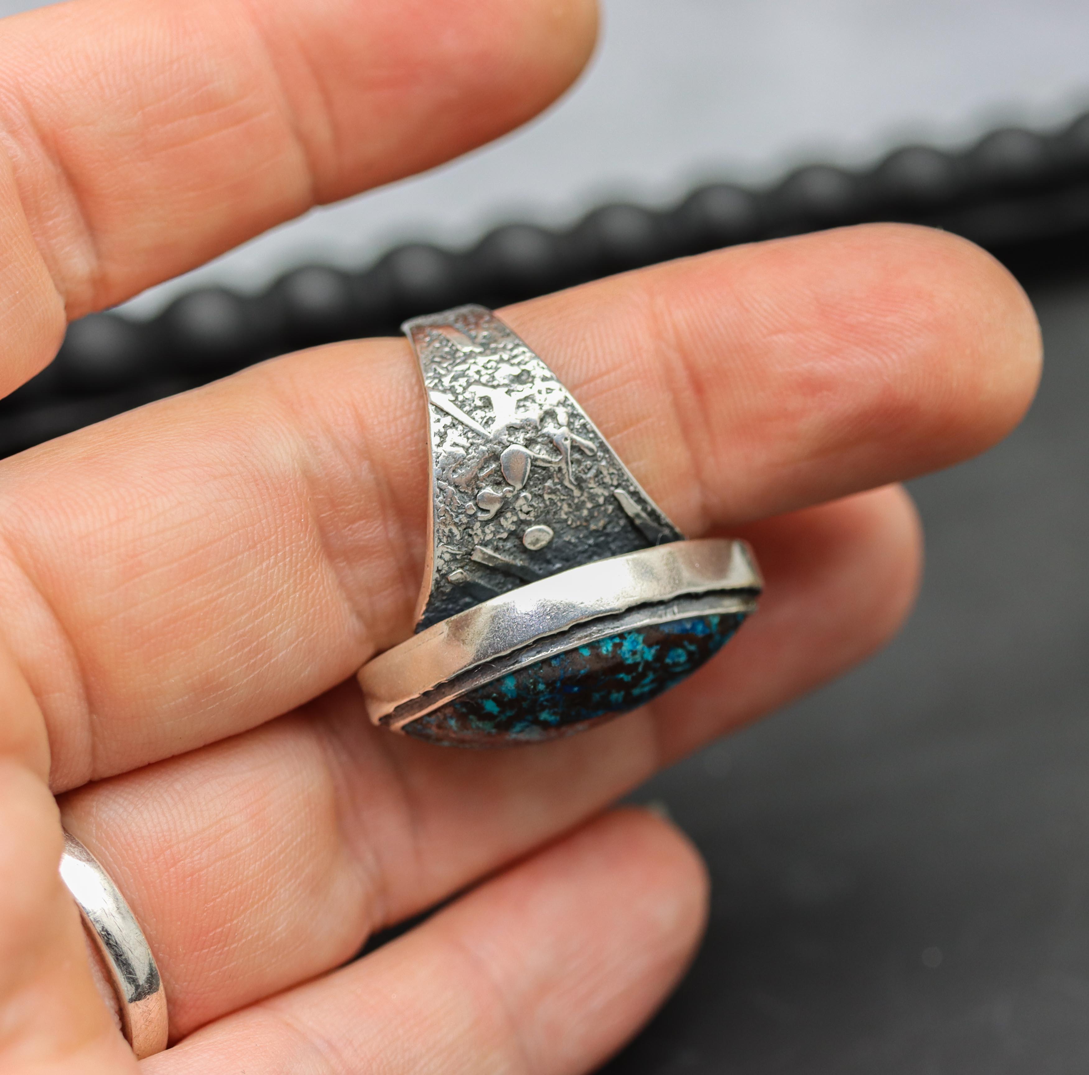 Blue Shattukite Sterling Silver Wide Band Ring