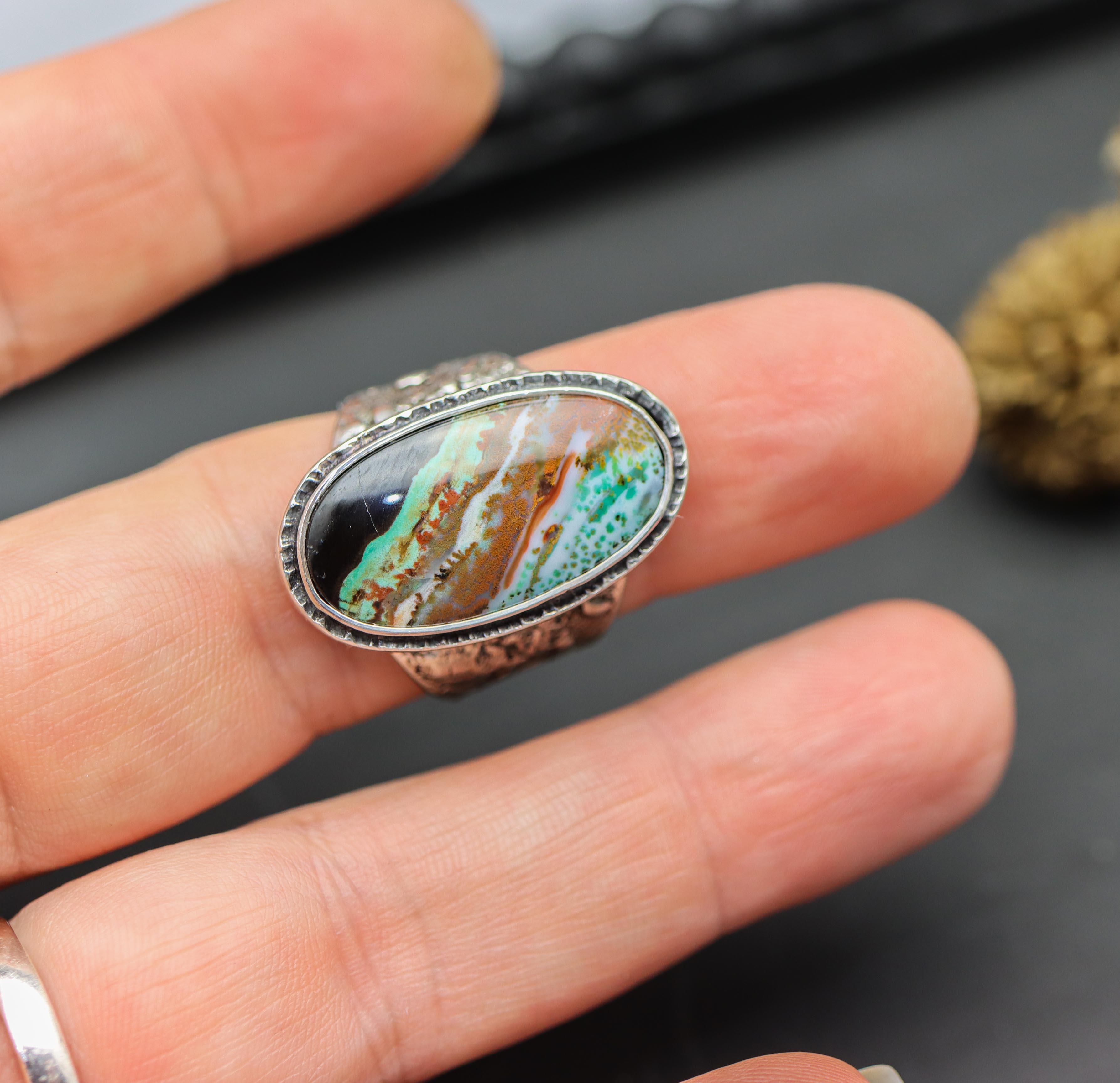 Petrified Opalized Wood Sterling Silver Wide Band Ring