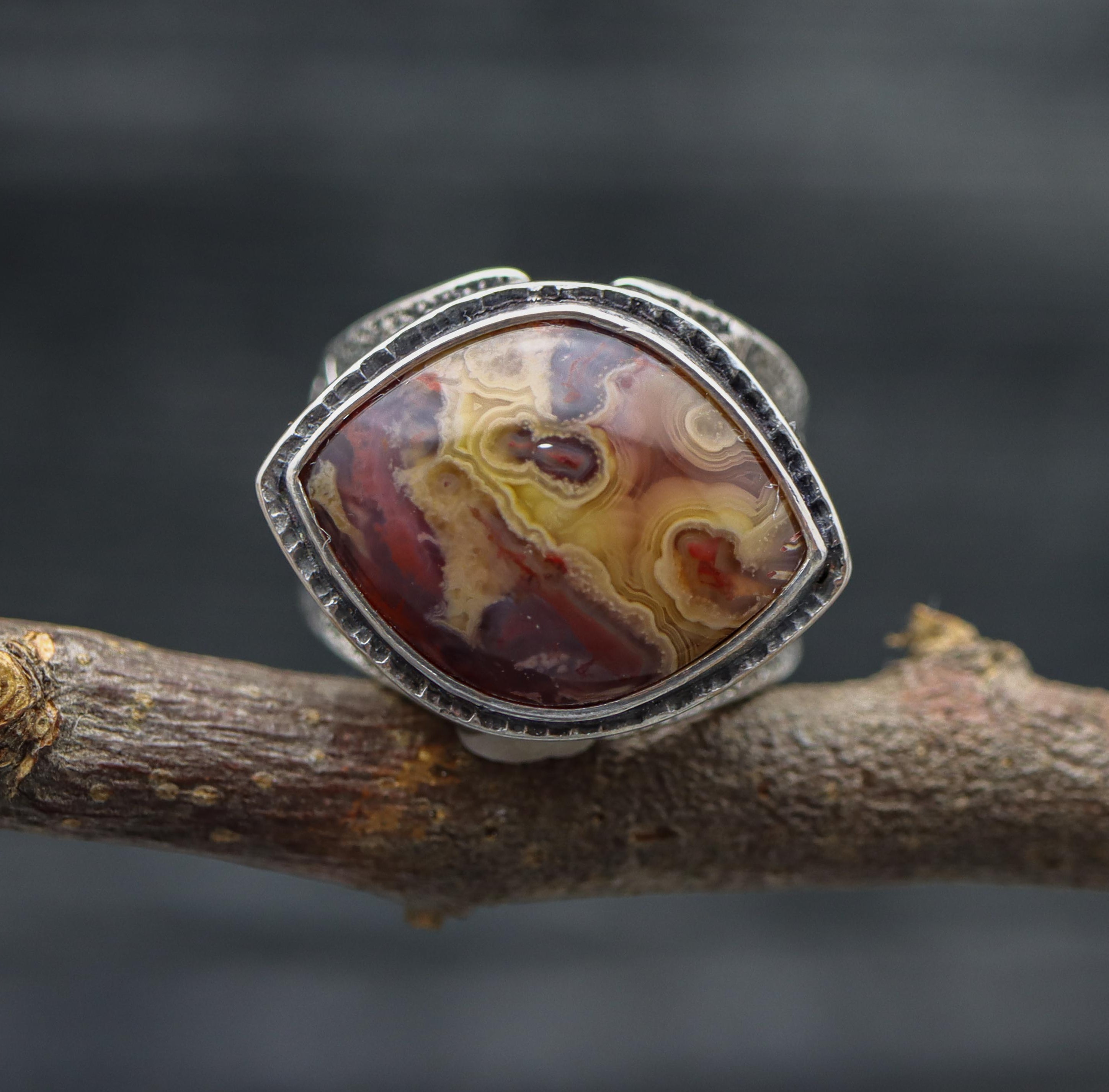 A sterling silver wide band ring with a prominent Laguna Agate stone in the center, set in a silver setting, displayed on a rustic branch.