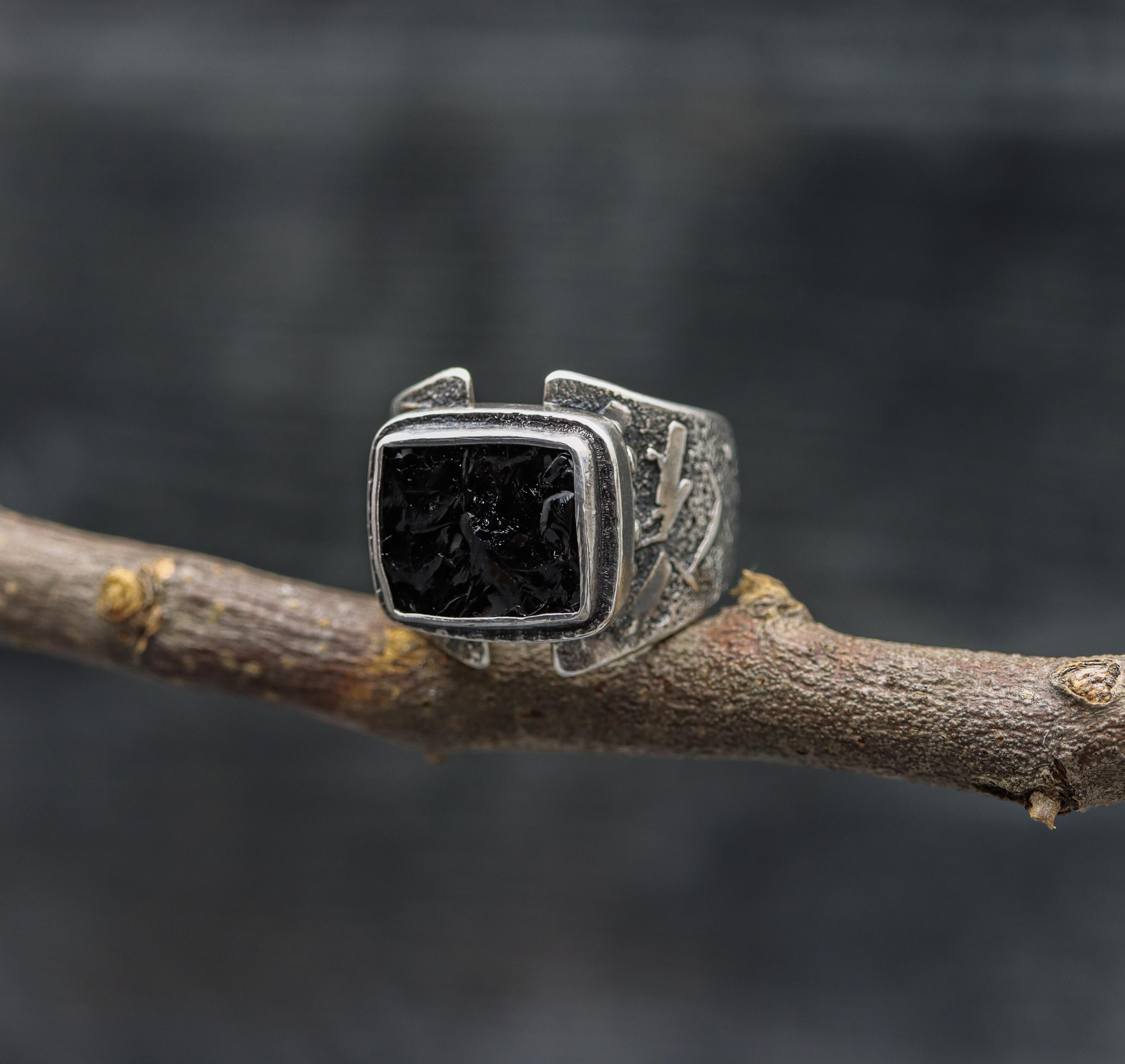 Natural Surface Black Tourmaline Sterling Silver Wide Band Ring