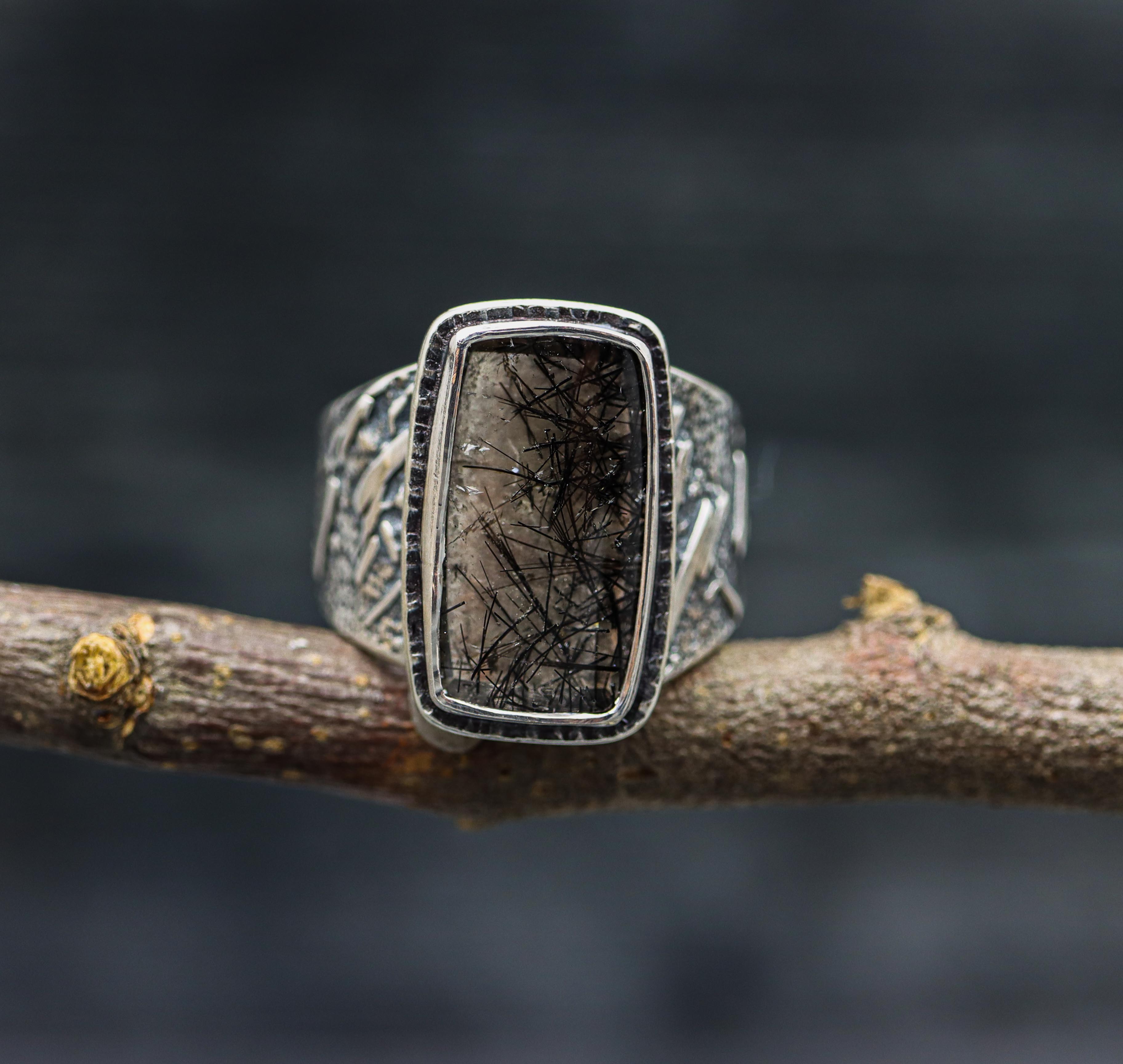Black Tourmalinated Quartz Sterling Silver Wide Band Ring