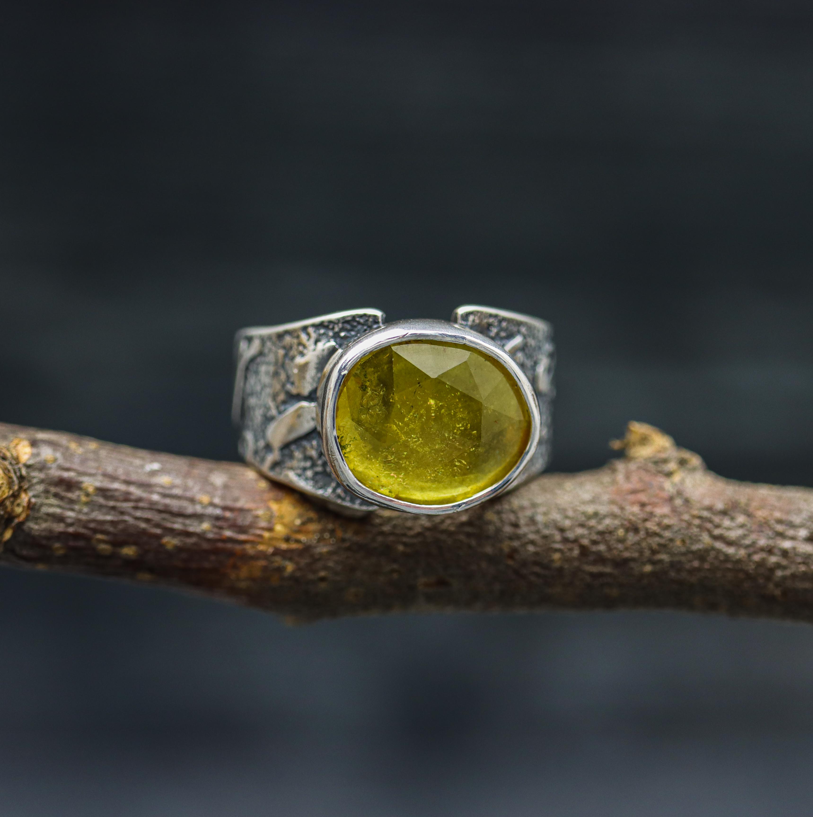 Yellow Tourmaline Sterling Silver Wide Band Ring