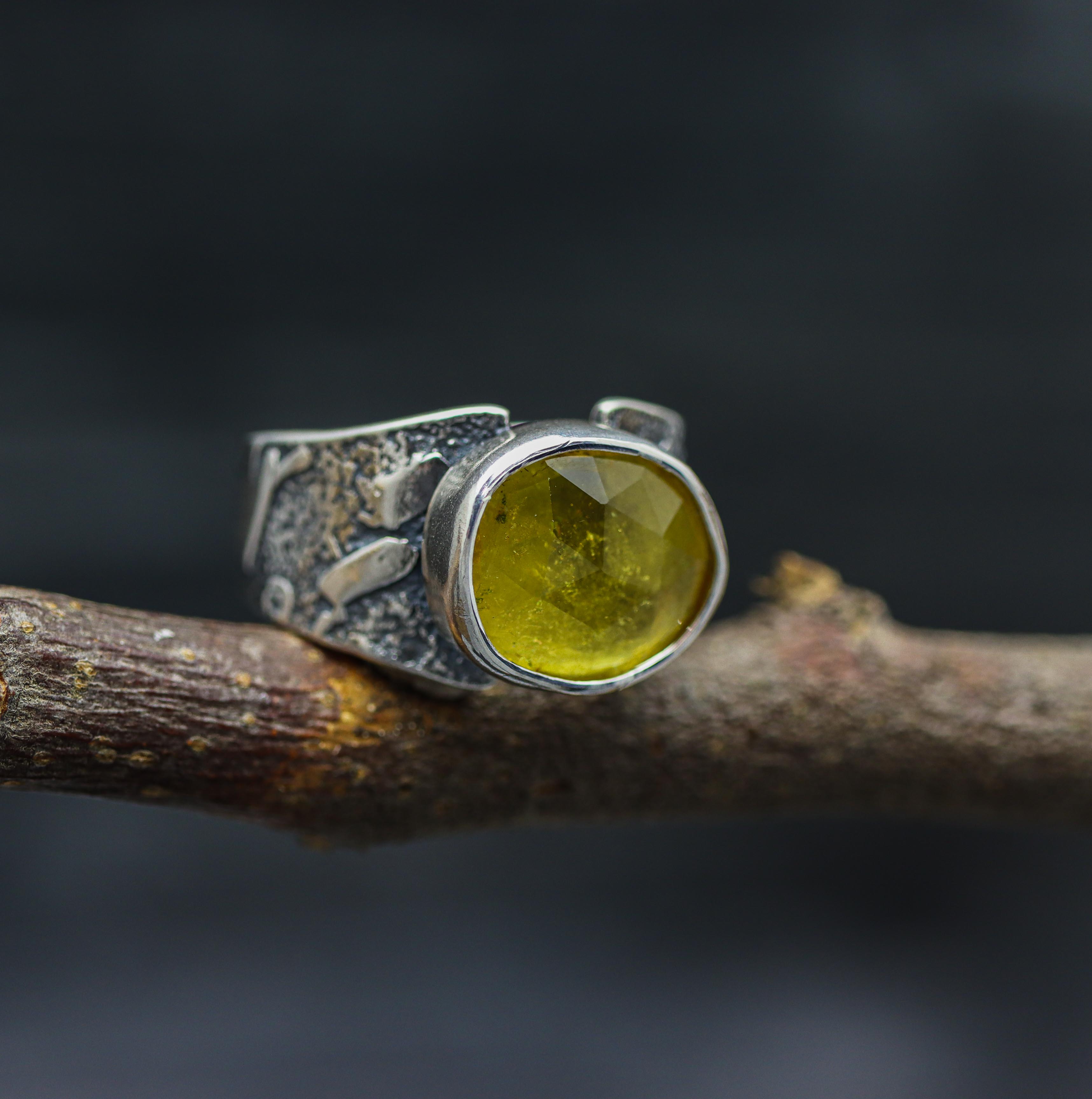 Yellow Tourmaline Sterling Silver Wide Band Ring