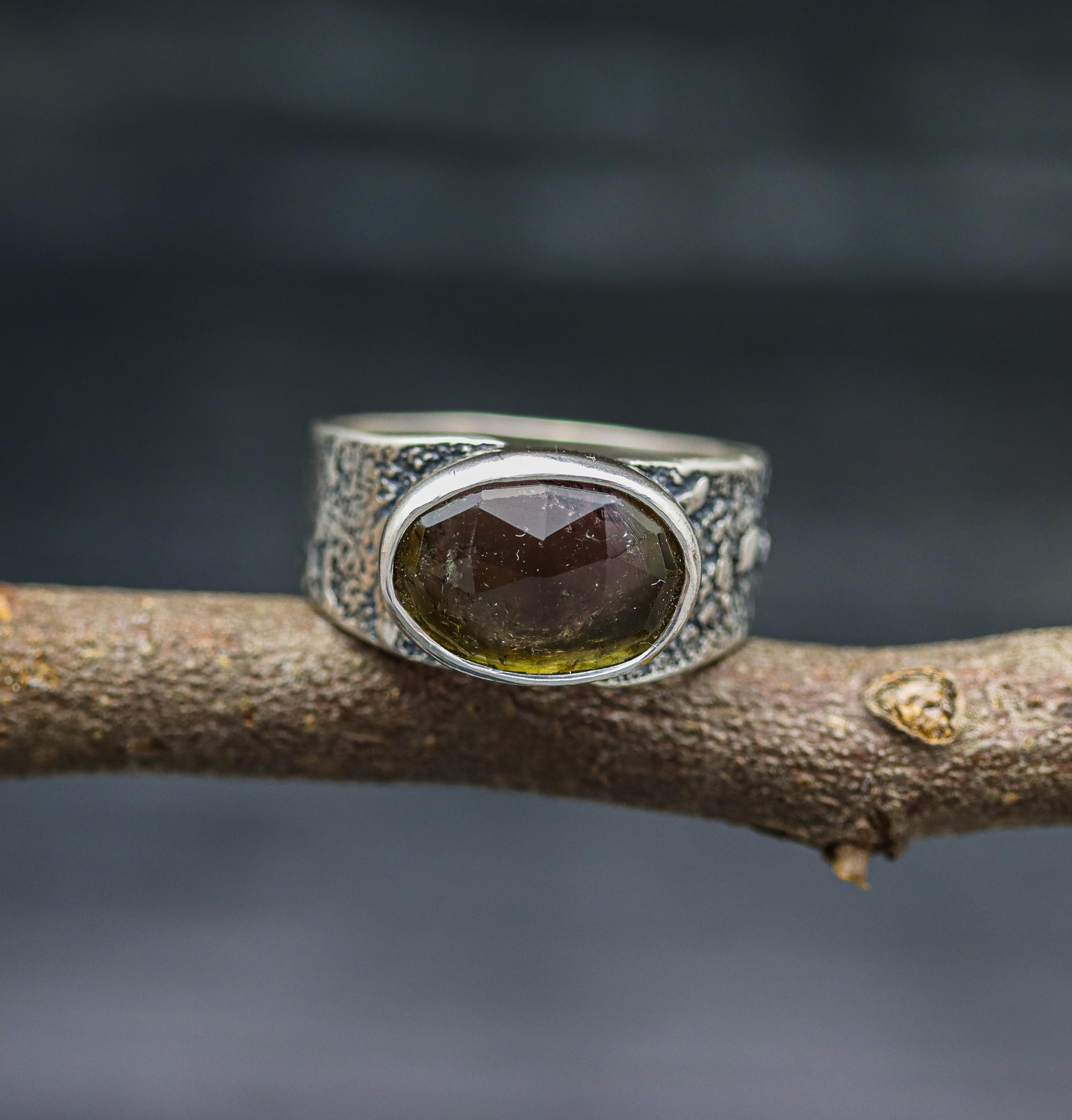 Watermelon Tourmaline Sterling Silver Wide Band Ring