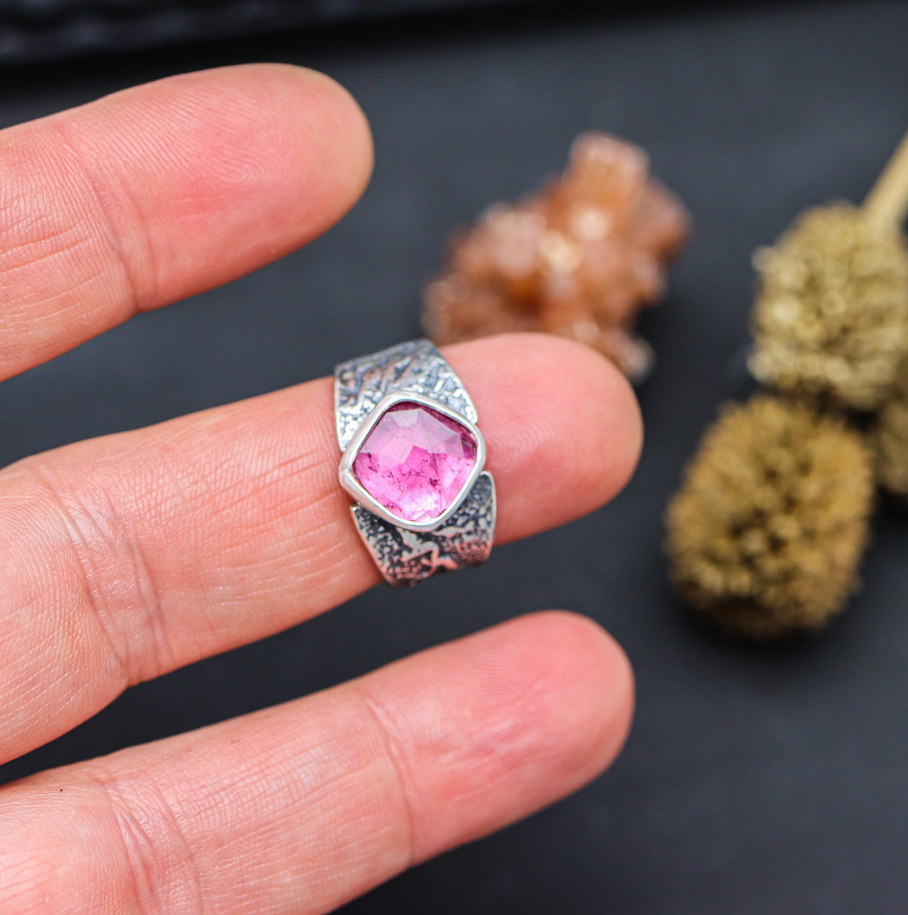 Pink Tourmaline Sterling Silver Wide Band Ring