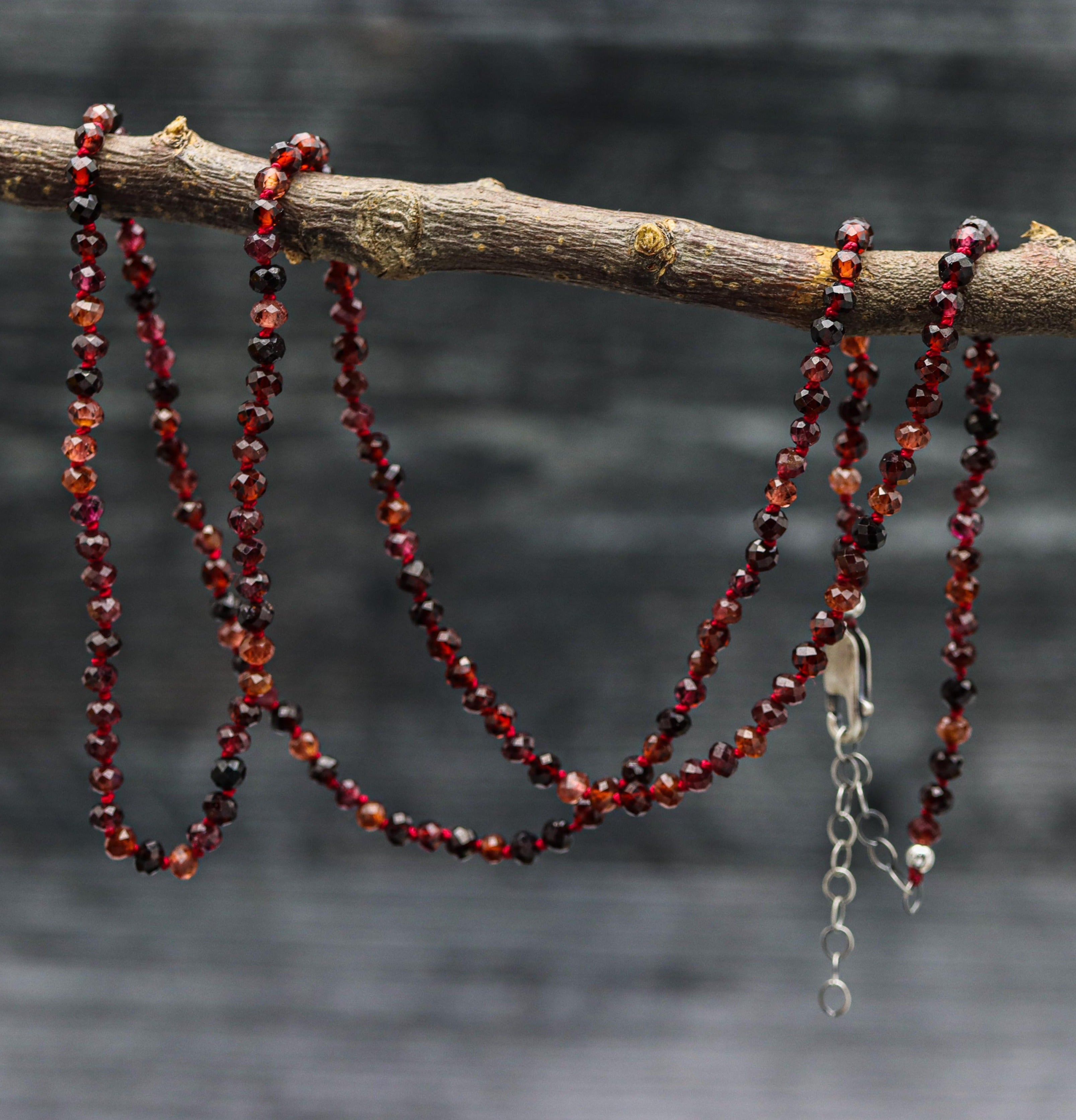 Red Garnet Hand Knotted Bead Necklace Sterling Silver Long