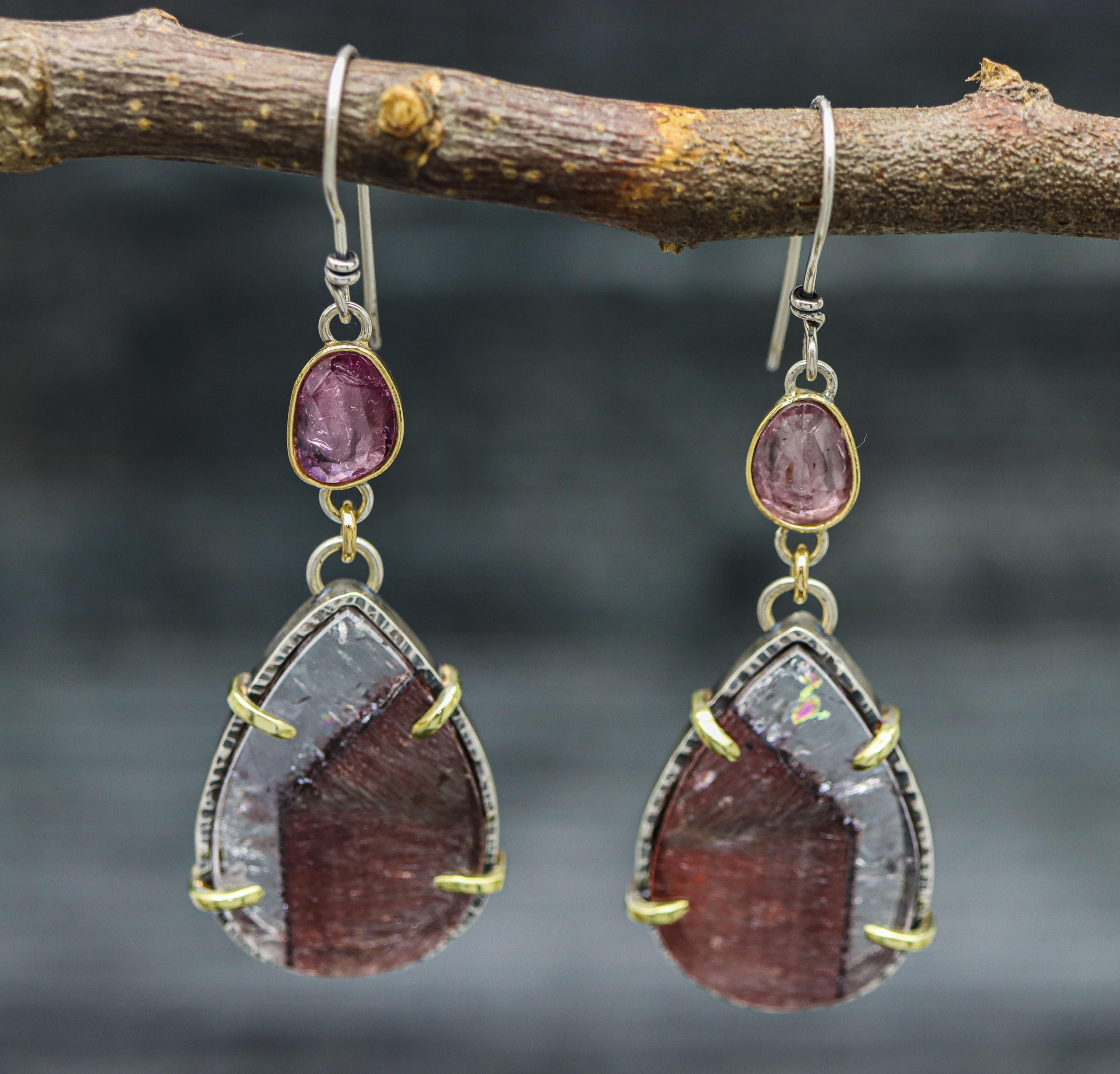 Super Seven and Pink Tourmaline Dangle Earrings Sterling Silver and 18k Gold
