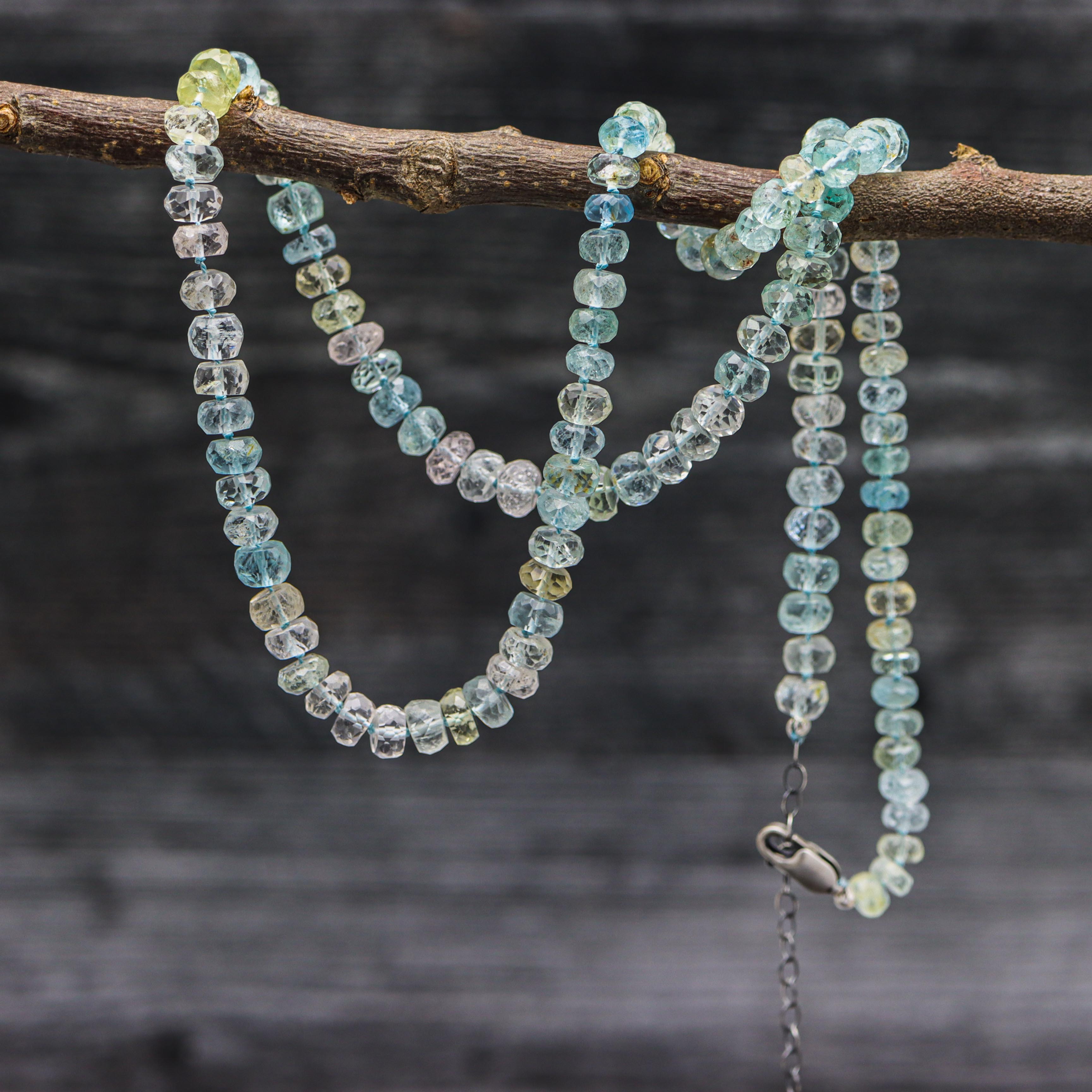 Multi Aquamarine Hand Knotted Bead Necklace Sterling Silver