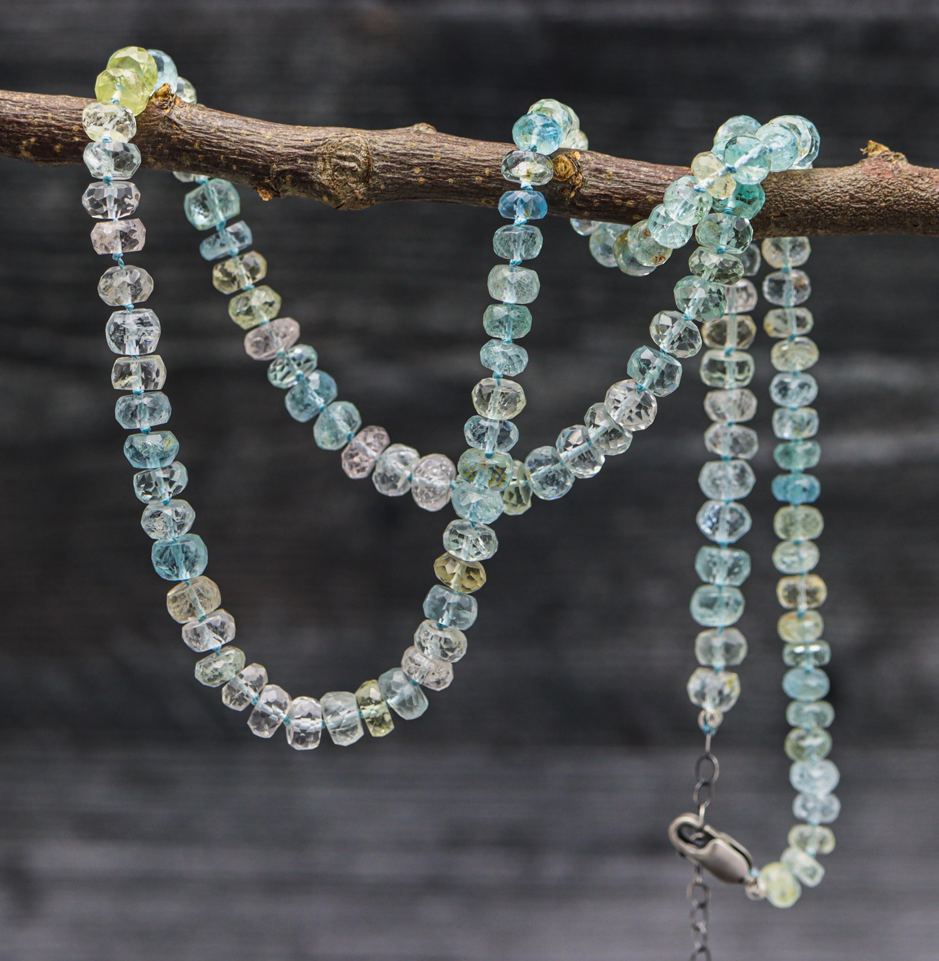 Multi Aquamarine Hand Knotted Bead Necklace Sterling Silver
