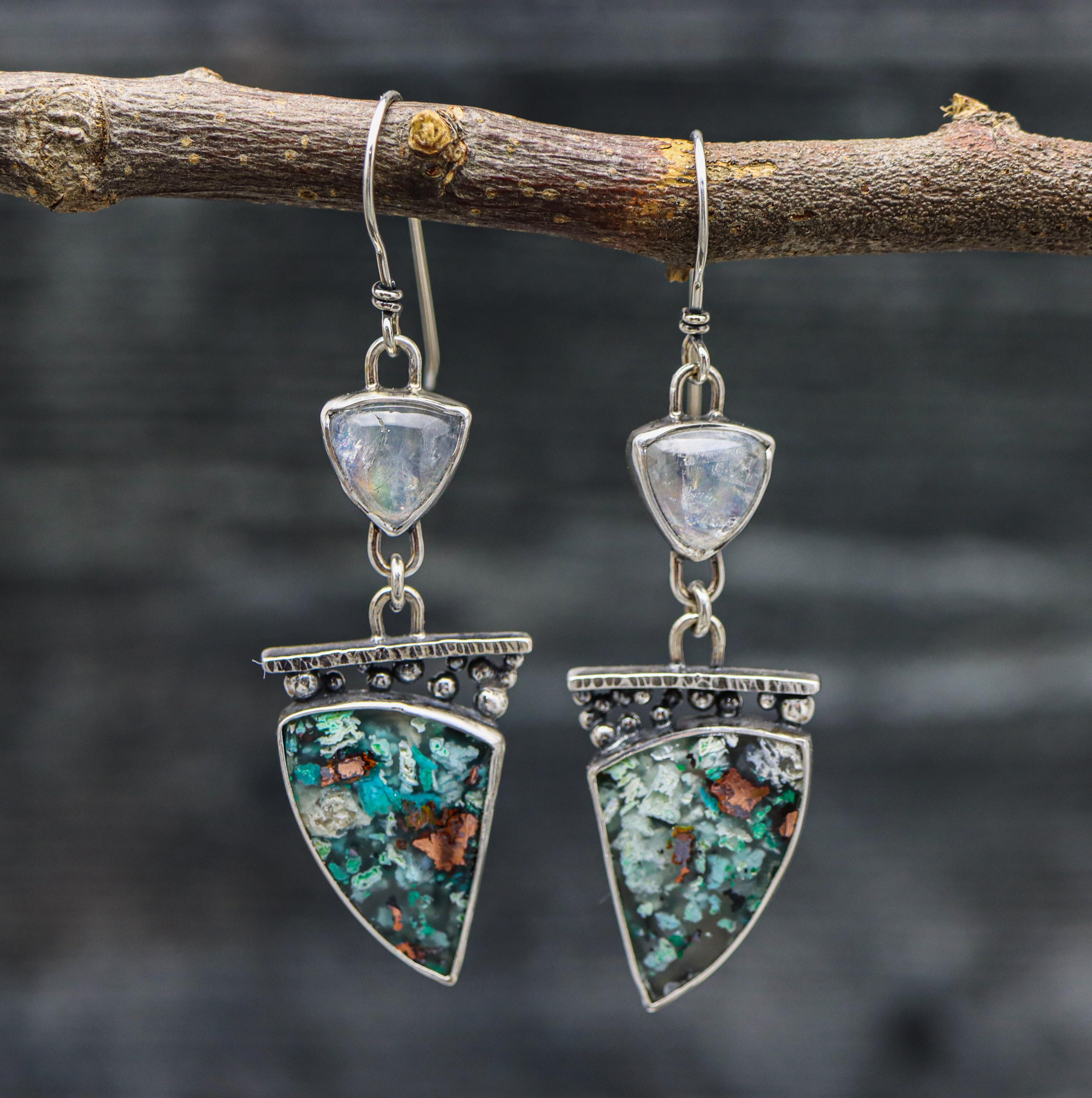 Confetti Chrysocolla with Rainbow Moonstone Dangle Earrings Sterling Silver