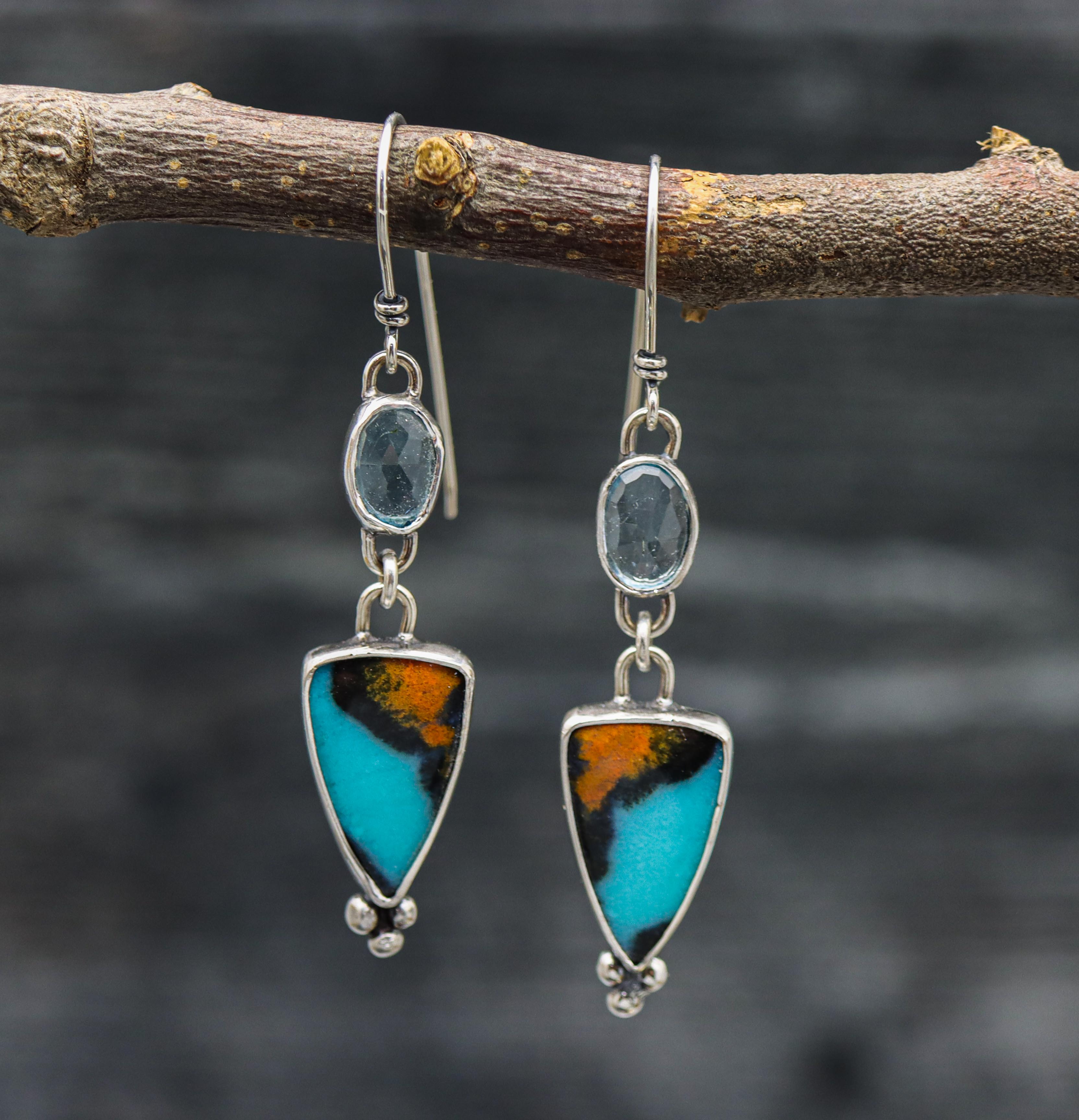 Chrysocolla with Blue Topaz Dangle Earrings Sterling Silver