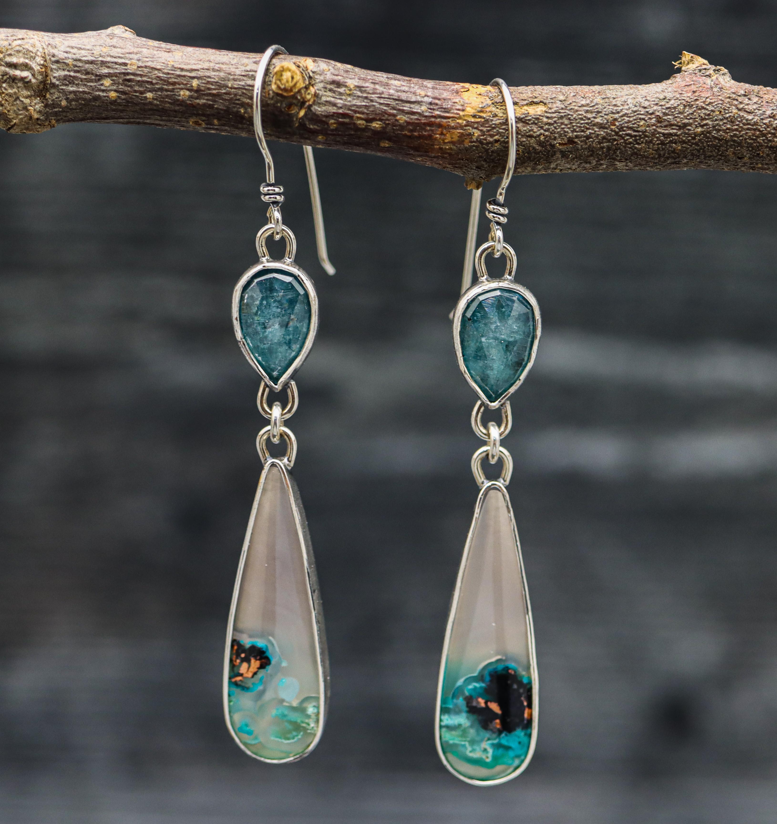 Confetti Chrysocolla with Aqua Kyanite Dangle Earrings Sterling Silver