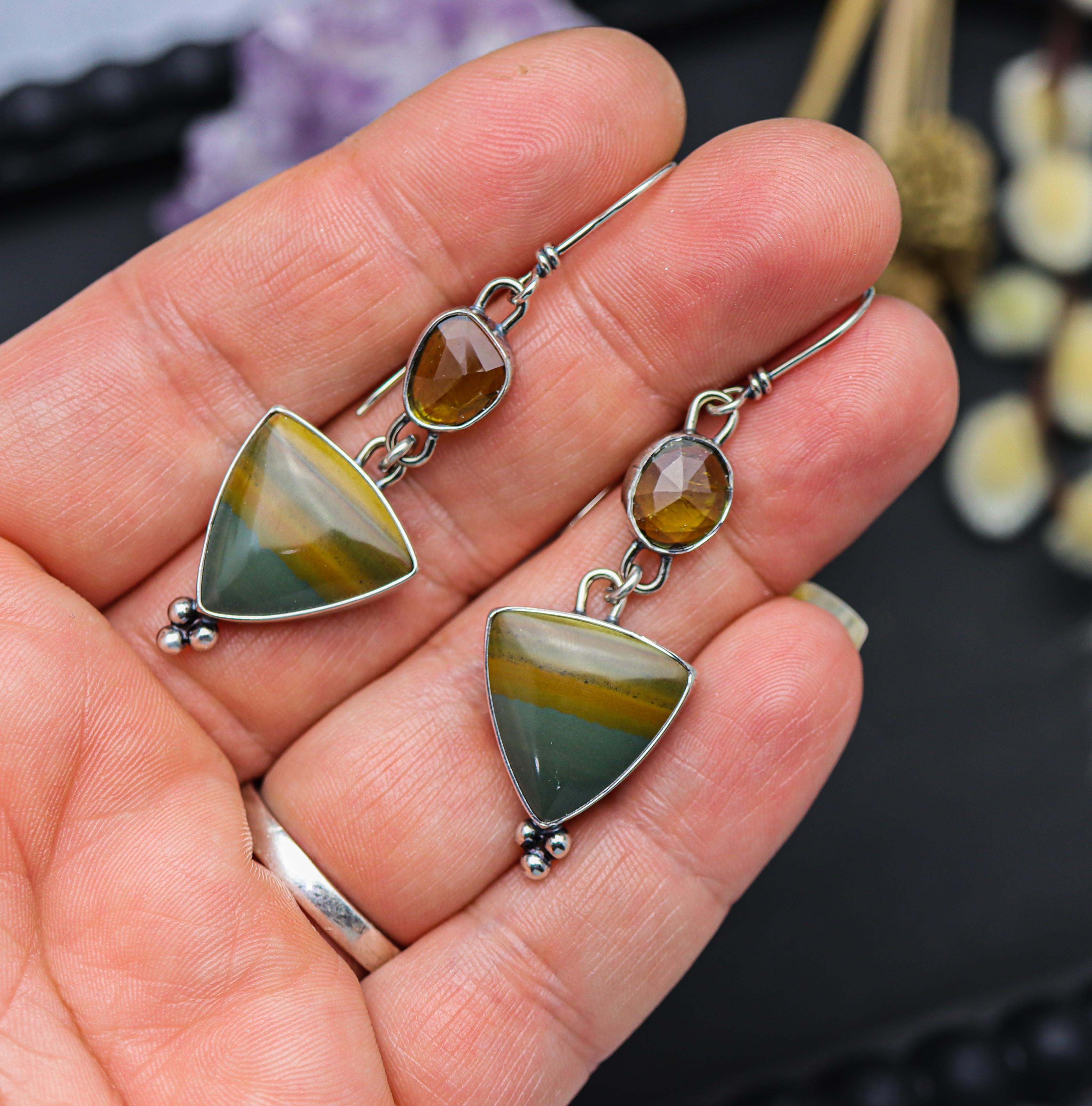 Picture Jasper and Whisky Tourmaline Dangle Earrings Sterling Silver