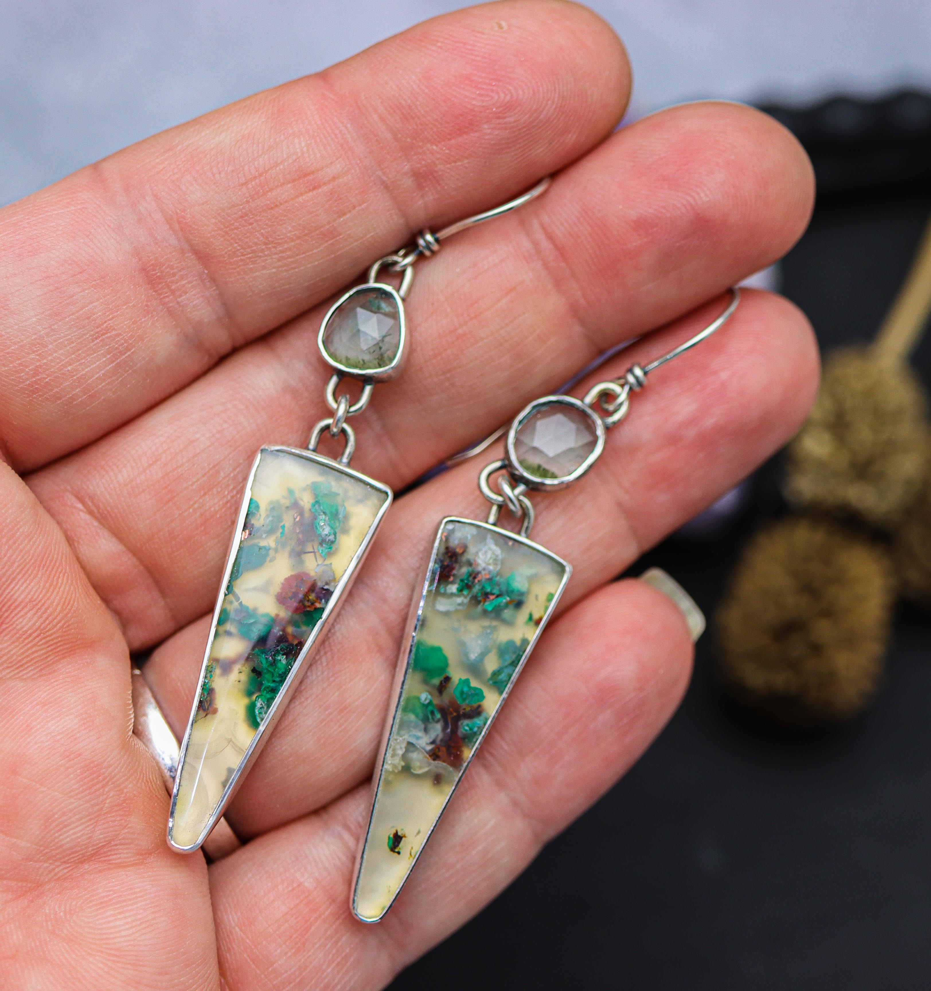 Confetti Chrysocolla with Blue Tourmaline Dangle Earrings Sterling Silver