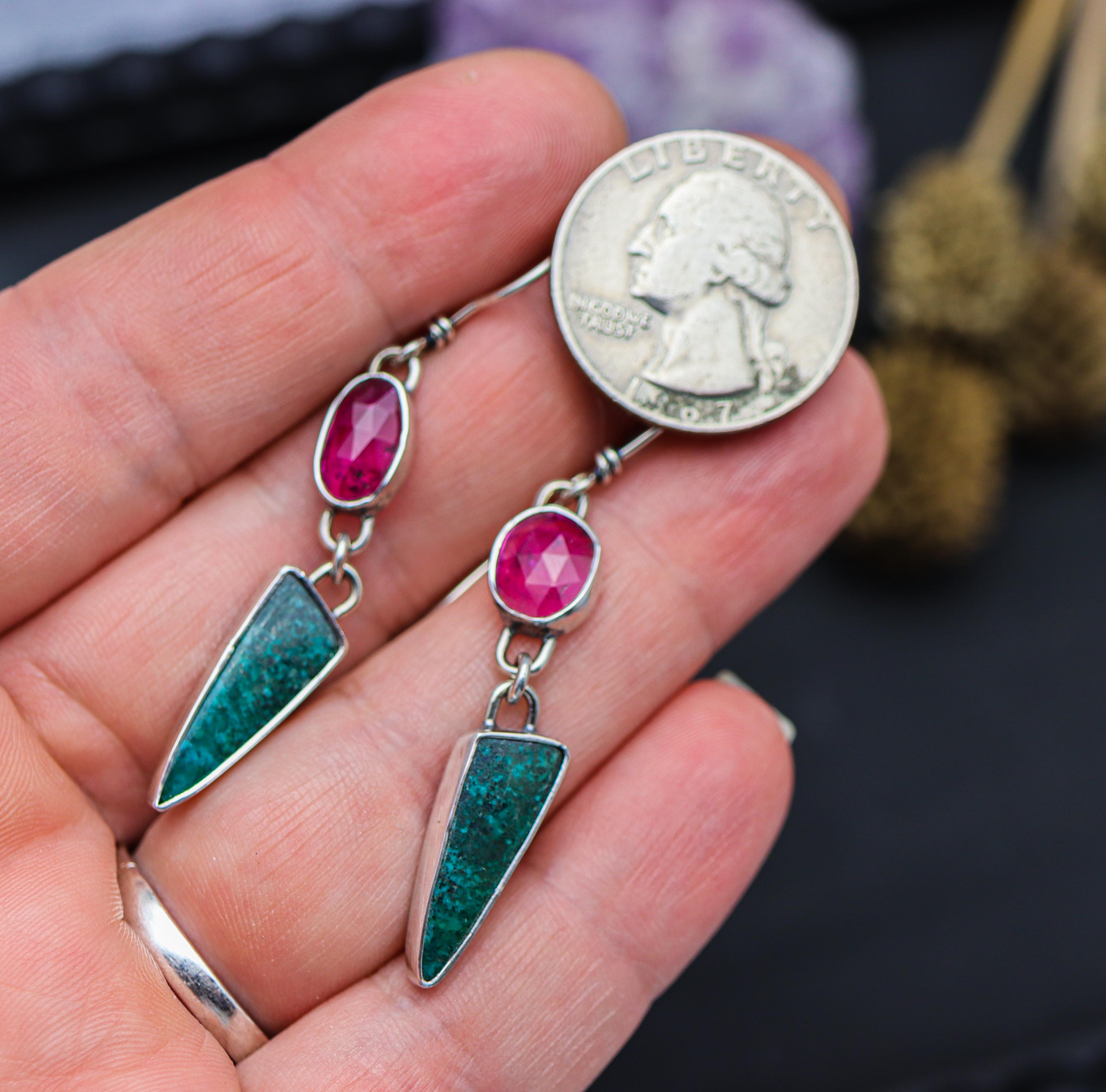 Chrysocolla with Pink Tourmaline Dangle Earrings Sterling Silver