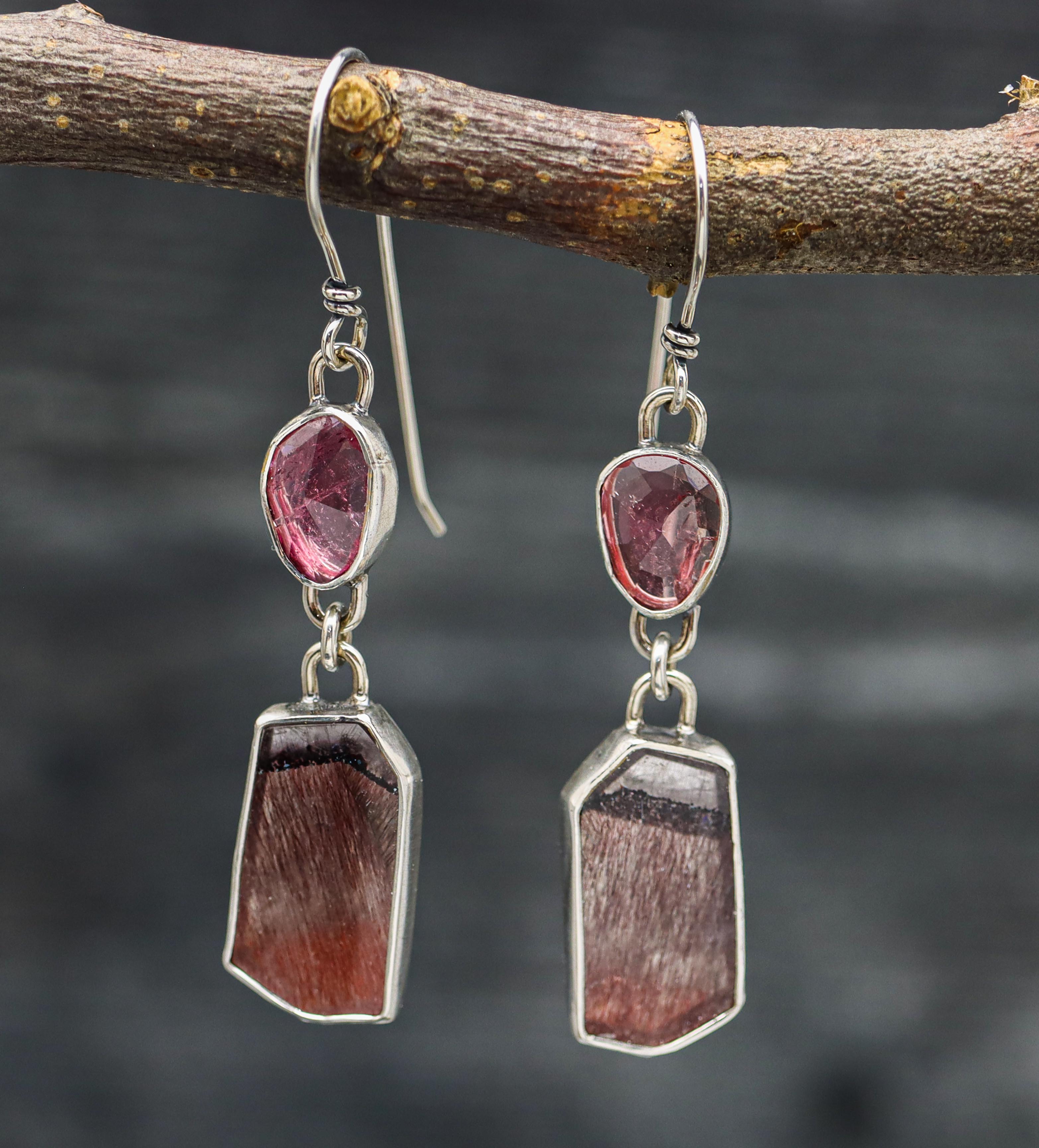 Super Seven and Pink Tourmaline Dangle Earrings Sterling Silver