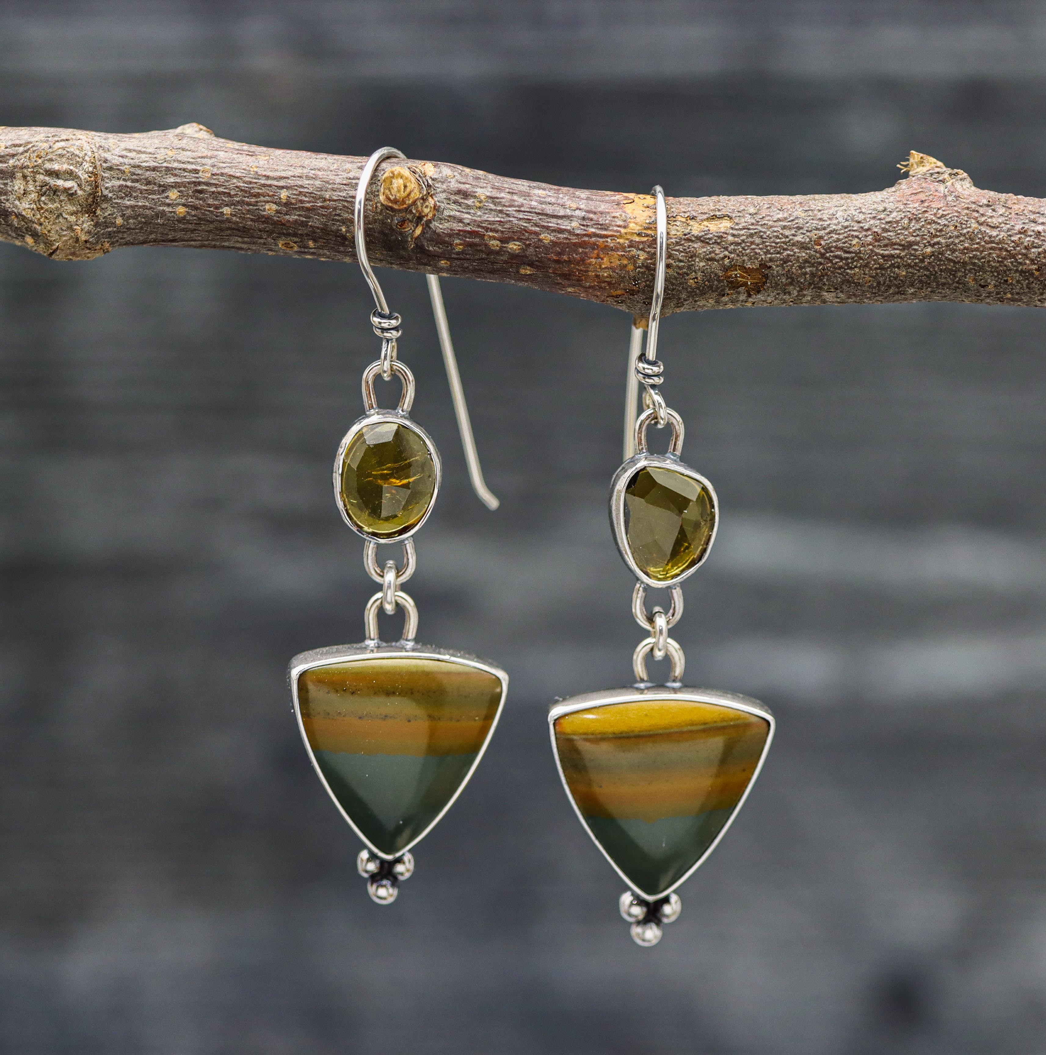 Picture Jasper and Whisky Tourmaline Dangle Earrings Sterling Silver