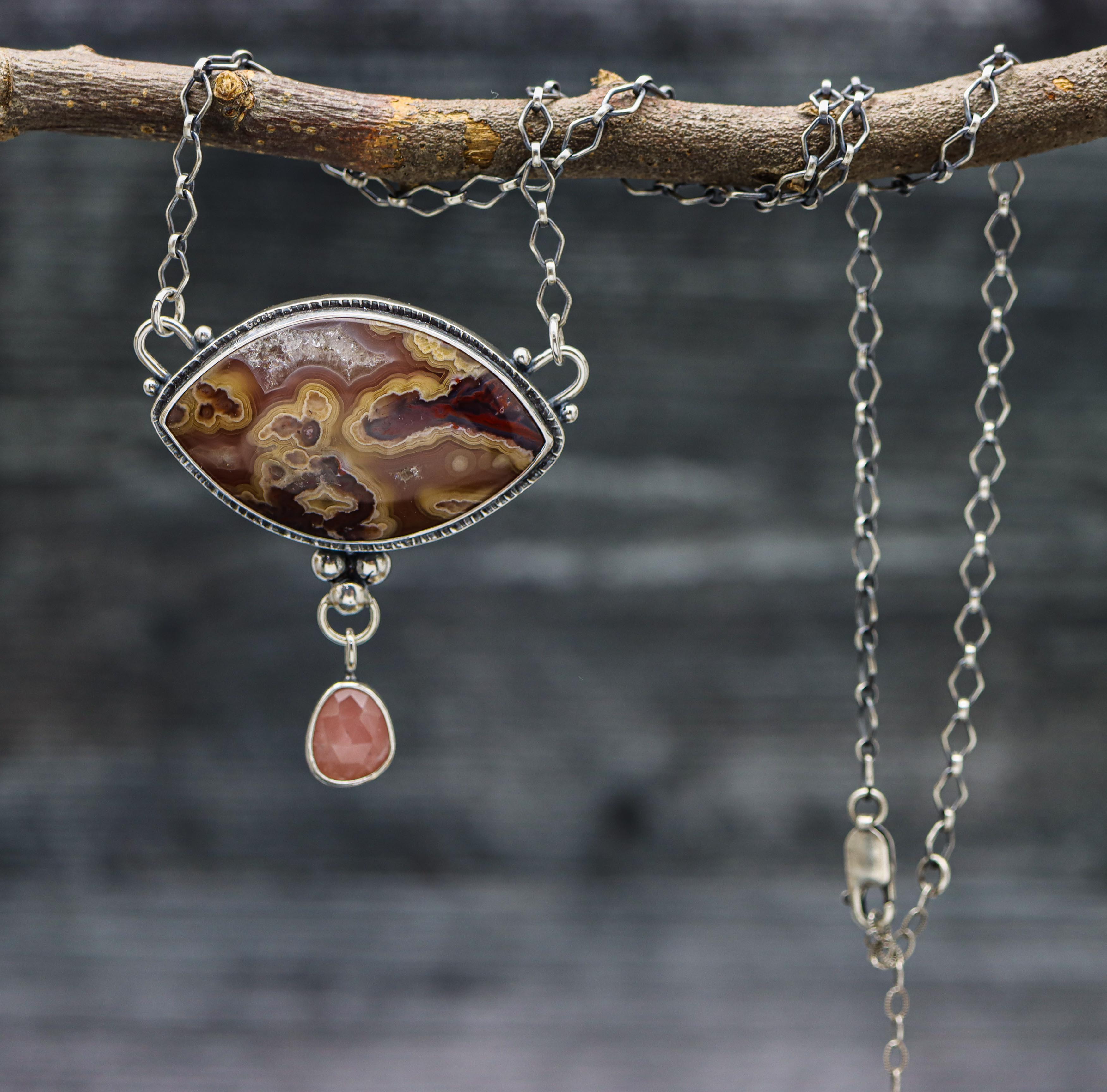 Laguna Agate and Guava Quartz One of a Kind Gemstone Necklace Sterling Silver