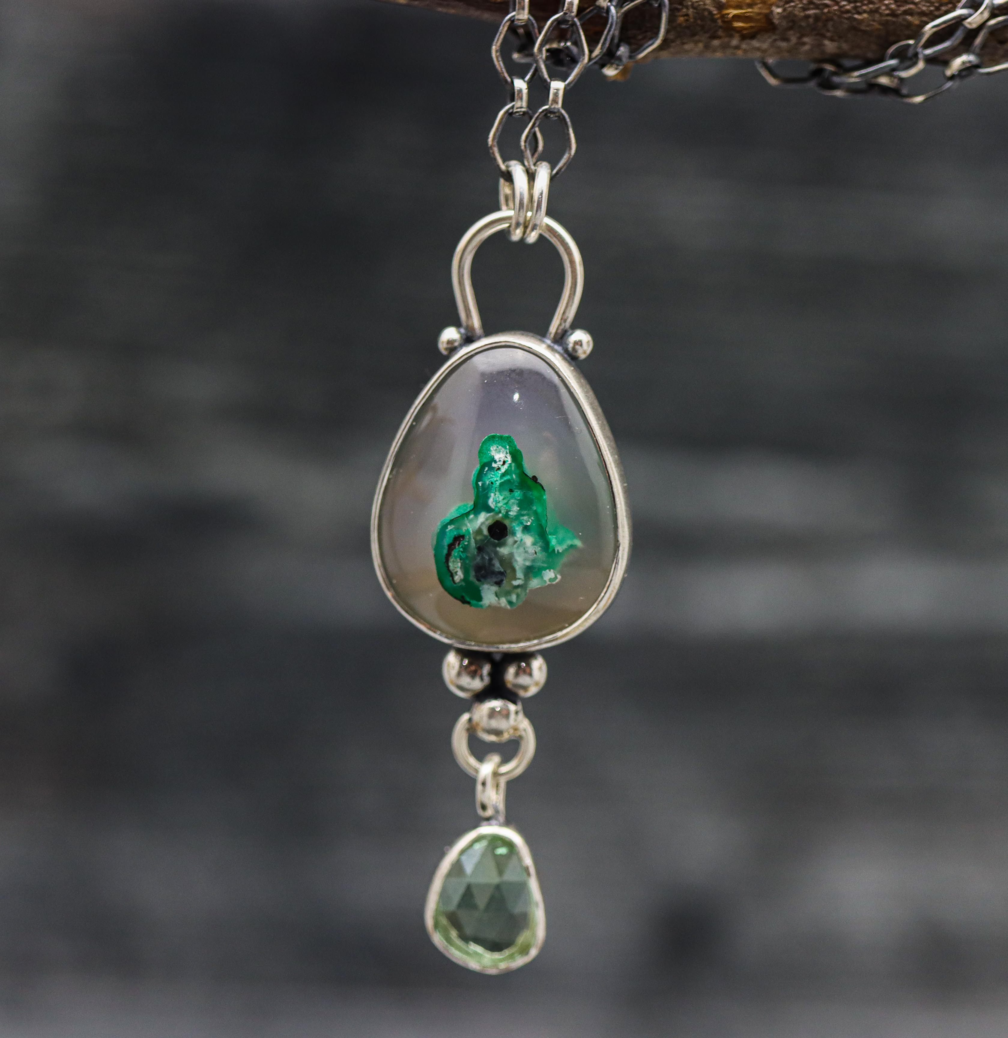 Confetti Chrysocolla Agate and Blue Tourmaline Pendant Sterling Silver One Of a Kind Gemstone Necklace