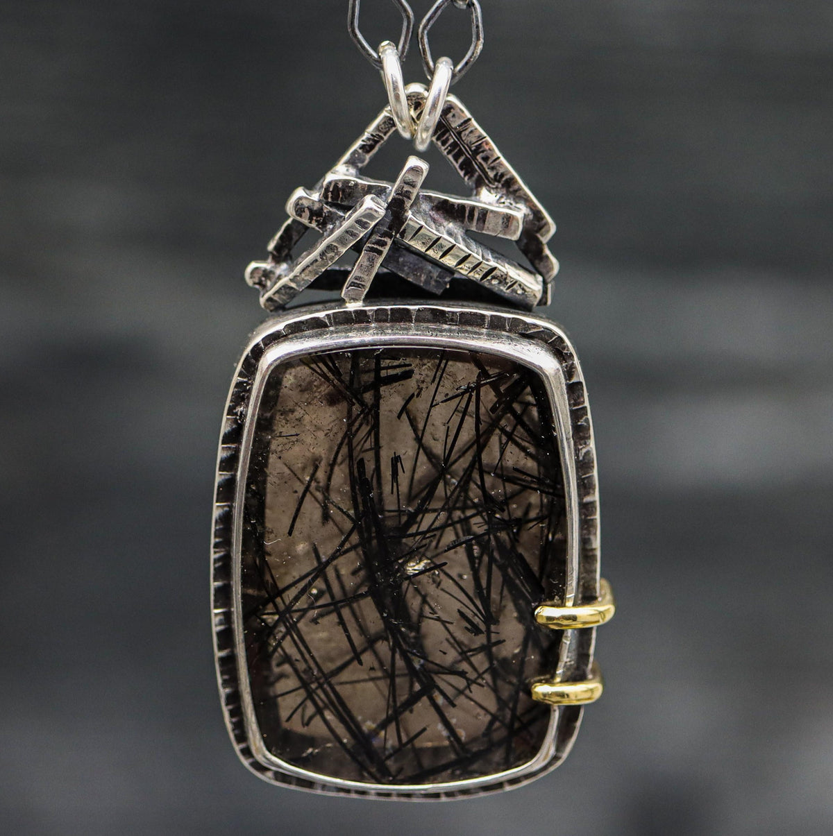 Tourmalinated Quartz Pendant with Sterling Silver and 18k Gold