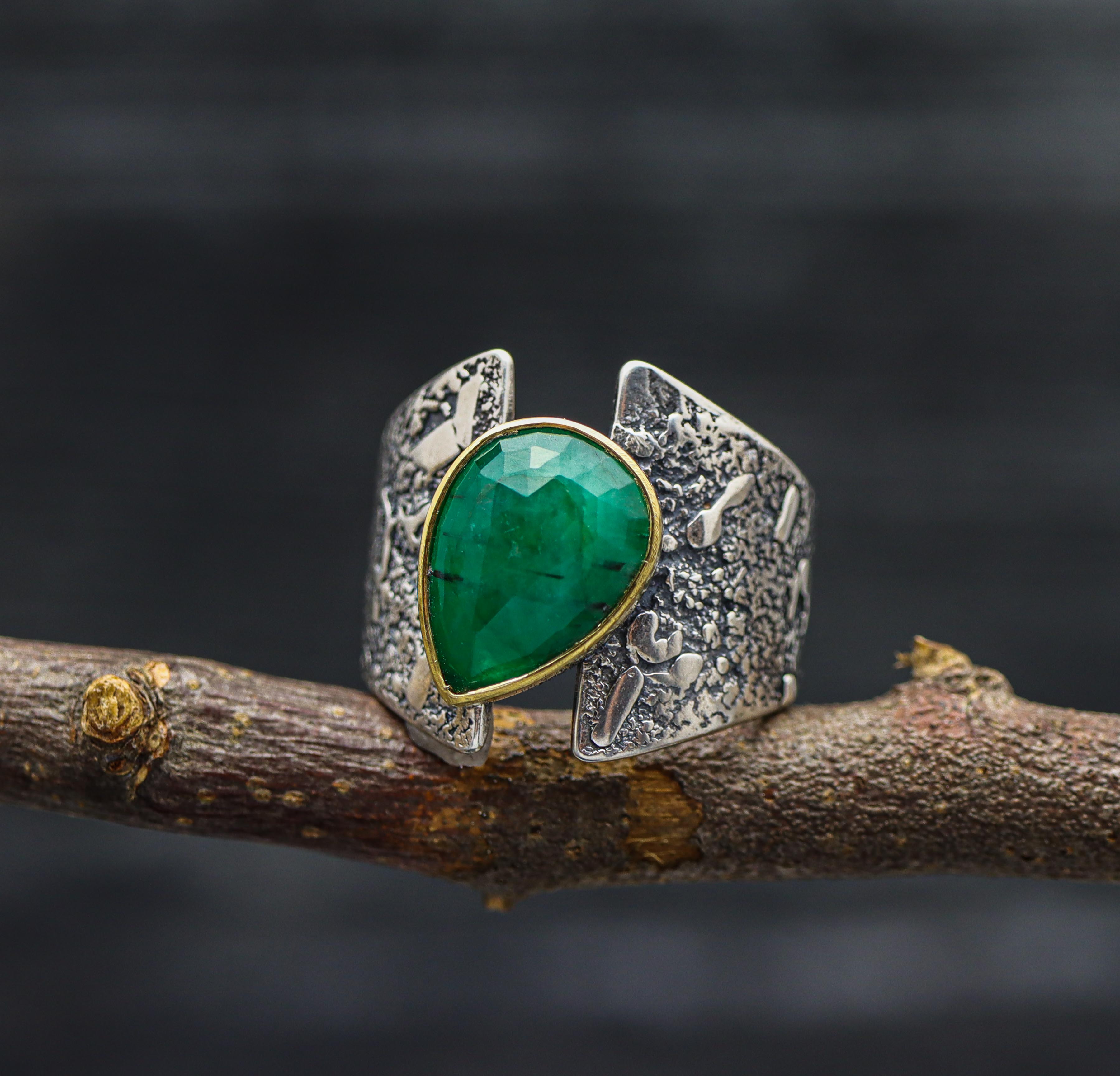 Emerald Sterling Silver and 22k Gold Wide Band Ring