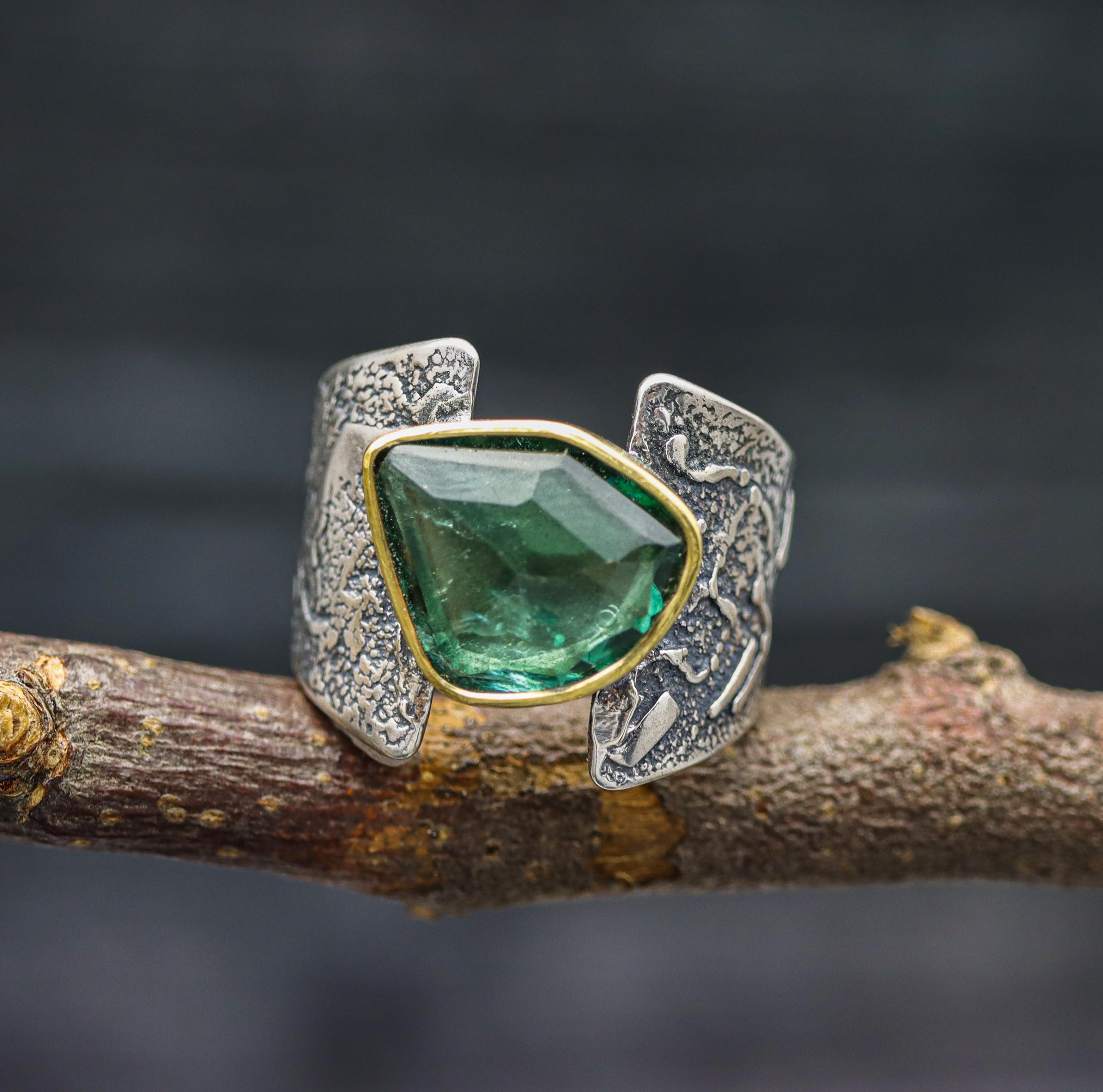 Blue Tourmaline Sterling Silver and 22k Gold Wide Band Ring